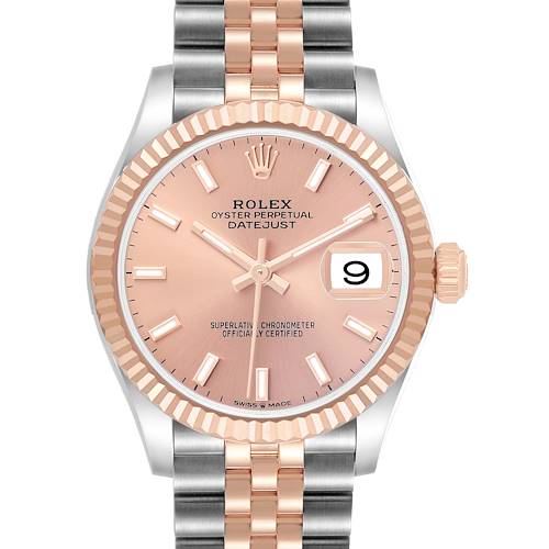 The Rolex Mid-Size 278271 Women's Steel and Gold (two tone) Pink Dial watch is shown from the front, displaying the dial, date, bezel, and part of the bracelet.