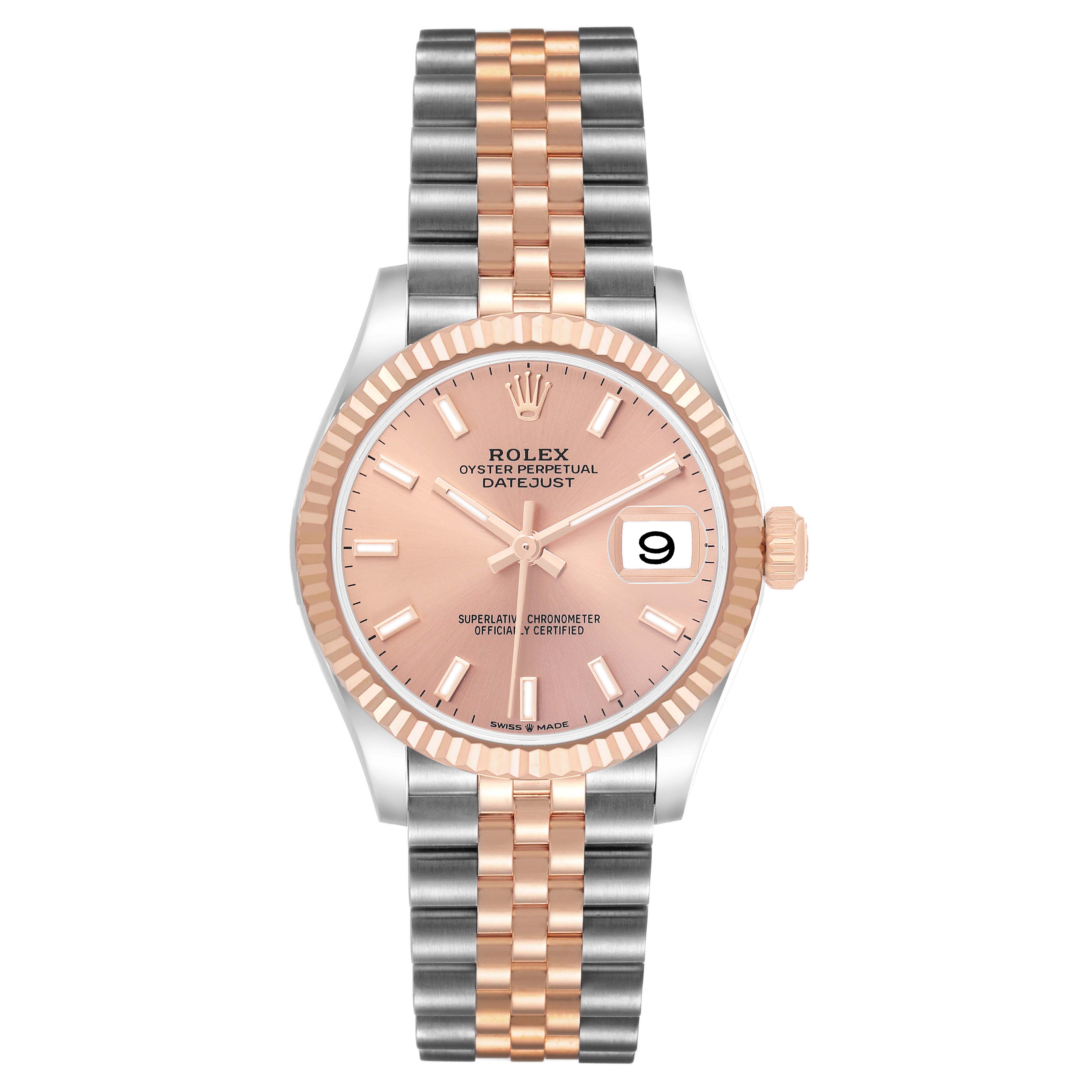 The Rolex Mid-Size 278271 Women's Steel and Gold (two tone) Pink Dial watch is shown from the front, displaying its pink dial, fluted bezel, and two-tone bracelet.