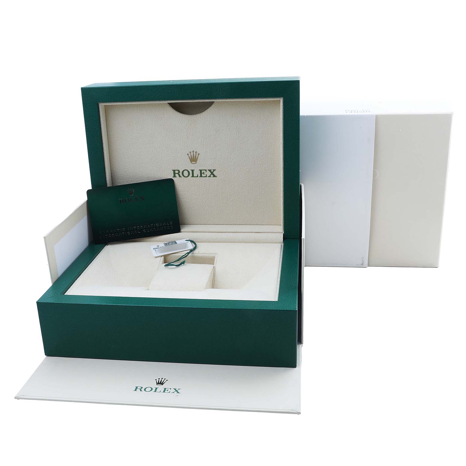 The image shows a Rolex Mid-Size 278271 Women's Steel and Gold (two tone) Pink Dial watch box with an authenticity card and a tag inside.