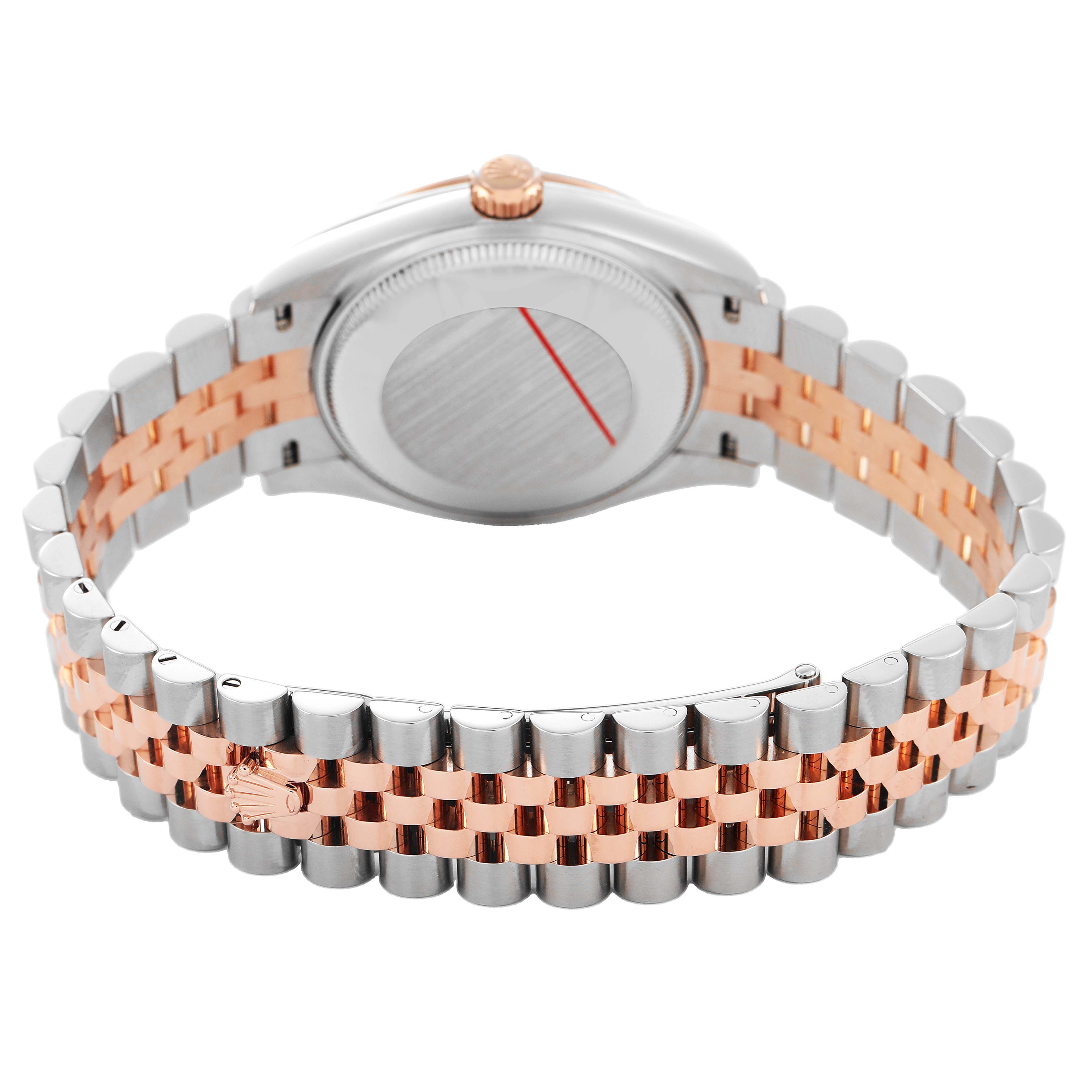The Rolex Mid-Size 278271 Women's Steel and Gold (two tone) Pink Dial watch is shown from the back, highlighting the silver and rose gold bracelet and the case back.