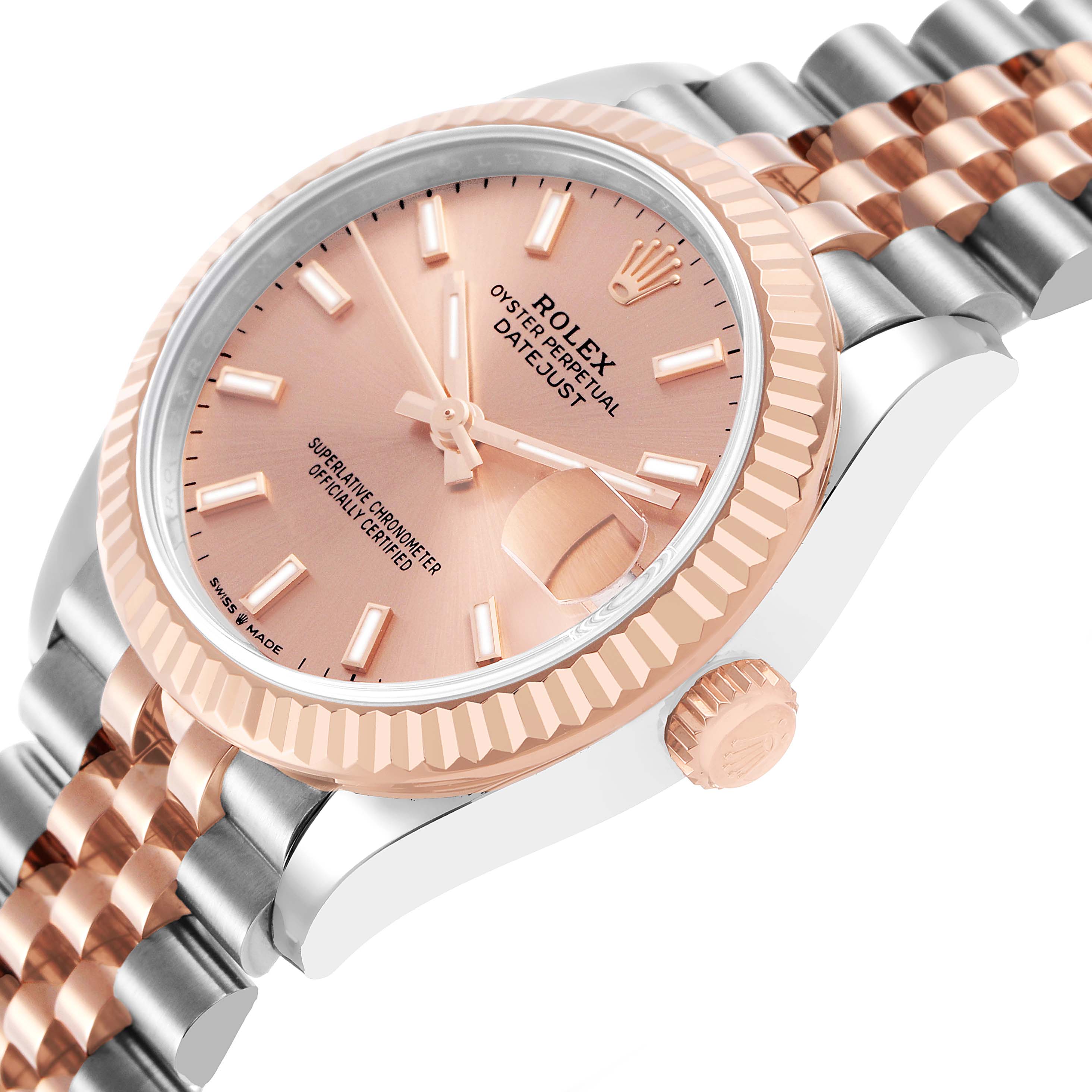 The Rolex Mid-Size 278271 Women's Steel and Gold (two tone) Pink Dial watch is shown from an angled view, highlighting the face, bezel, crown, and two-tone jubilee bracelet.
