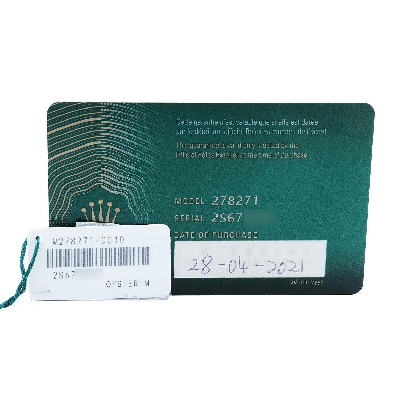 The image shows a Rolex Mid-Size 278271 Women's Steel and Gold (two tone) Pink Dial model 278271 warranty card and a tag with the model number and serial details.