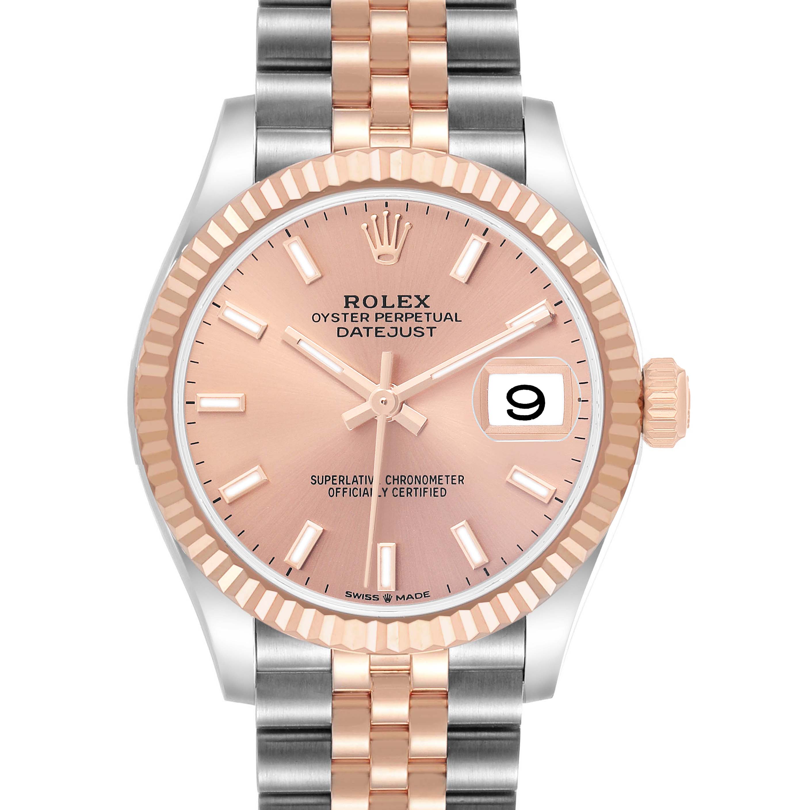 The Rolex Mid-Size 278271 Women's Steel and Gold (two tone) Pink Dial model watch is shown from the front, highlighting the dial, fluted bezel, bracelet, and date window.