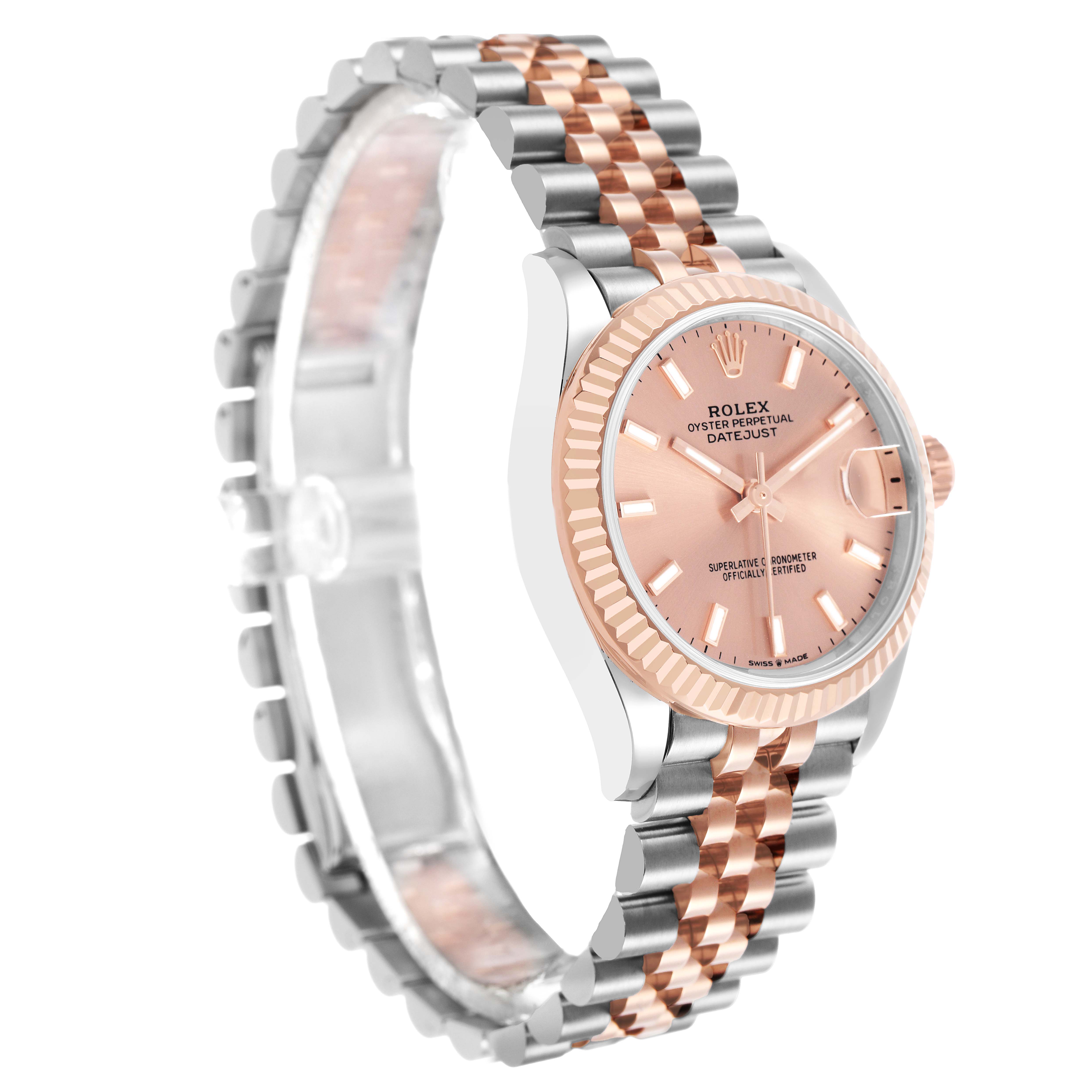 The Rolex Mid-Size 278271 Women's Steel and Gold (two tone) Pink Dial watch is shown from a diagonal angle, highlighting the face, bezel, crown, and part of the bracelet.