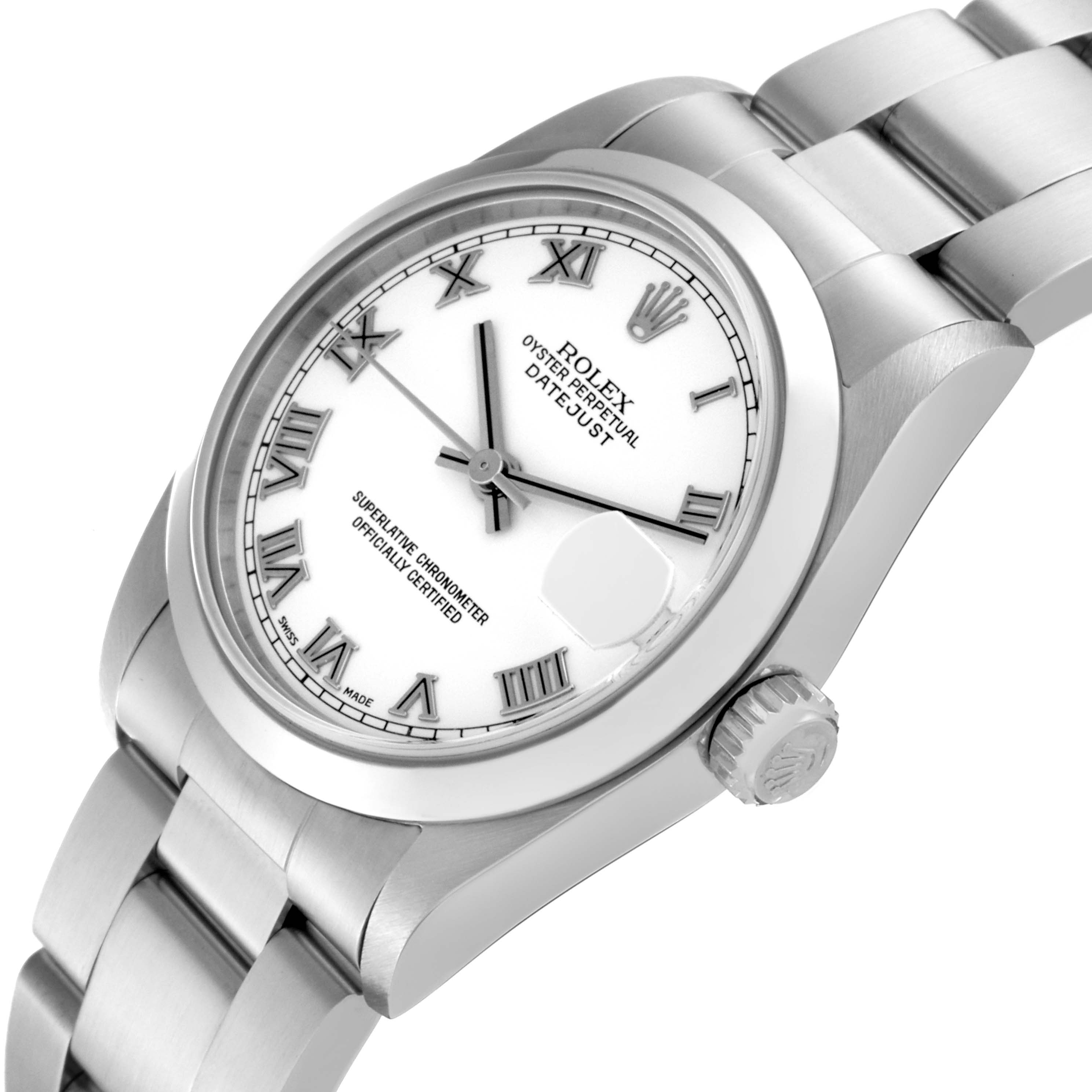 This image shows the face, dial, crown, case, and part of the bracelet of the Rolex Mid-Size 78240 Women's Stainless Steel White Dial 78240 Women's Stainless Steel White Dial Oyster Perpetual Datejust watch.