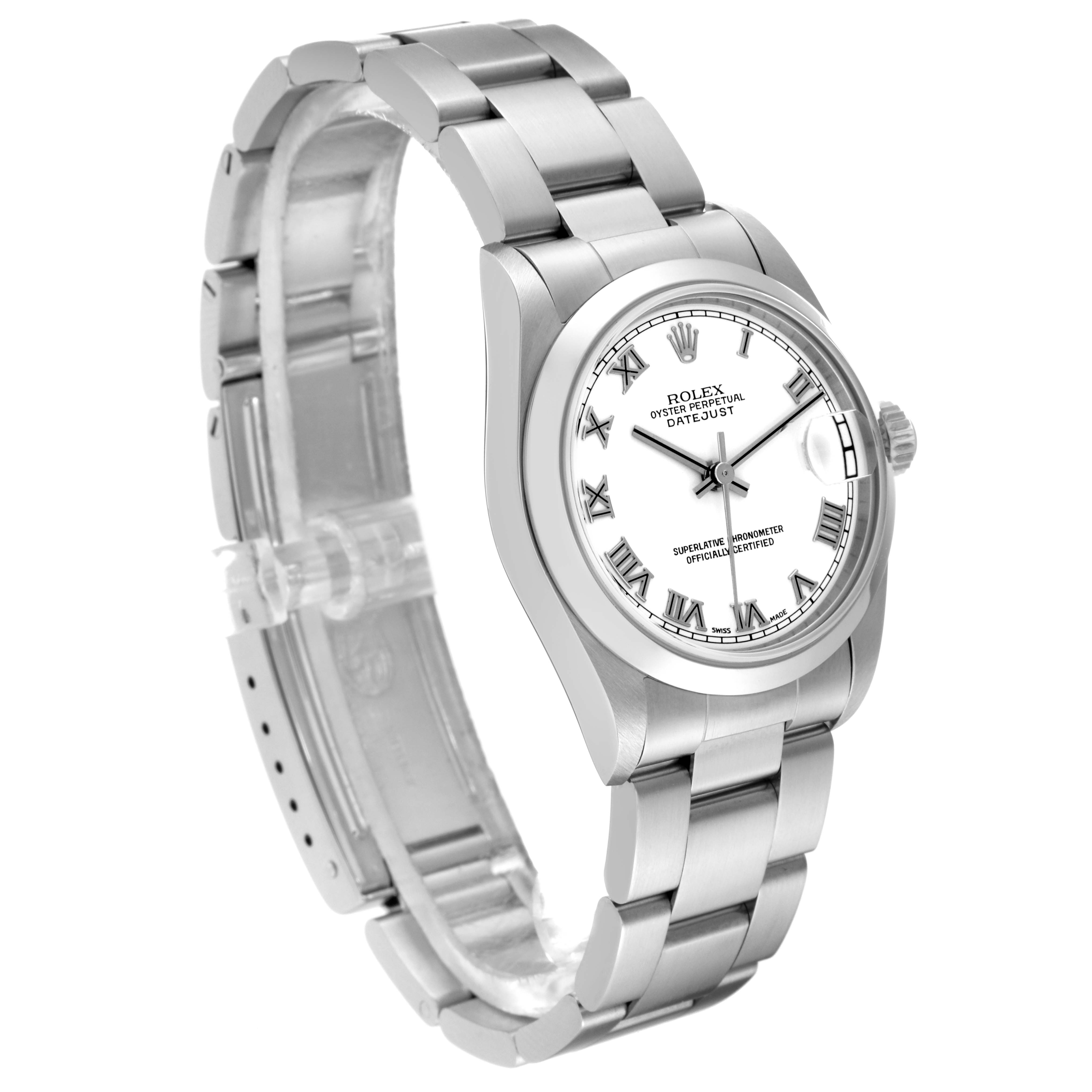 This image shows a side angle of the Rolex Mid-Size 78240 Women's Stainless Steel White Dial 78240 Women's Stainless Steel White Dial Oyster Perpetual Datejust, highlighting the watch face, bezel, and bracelet.