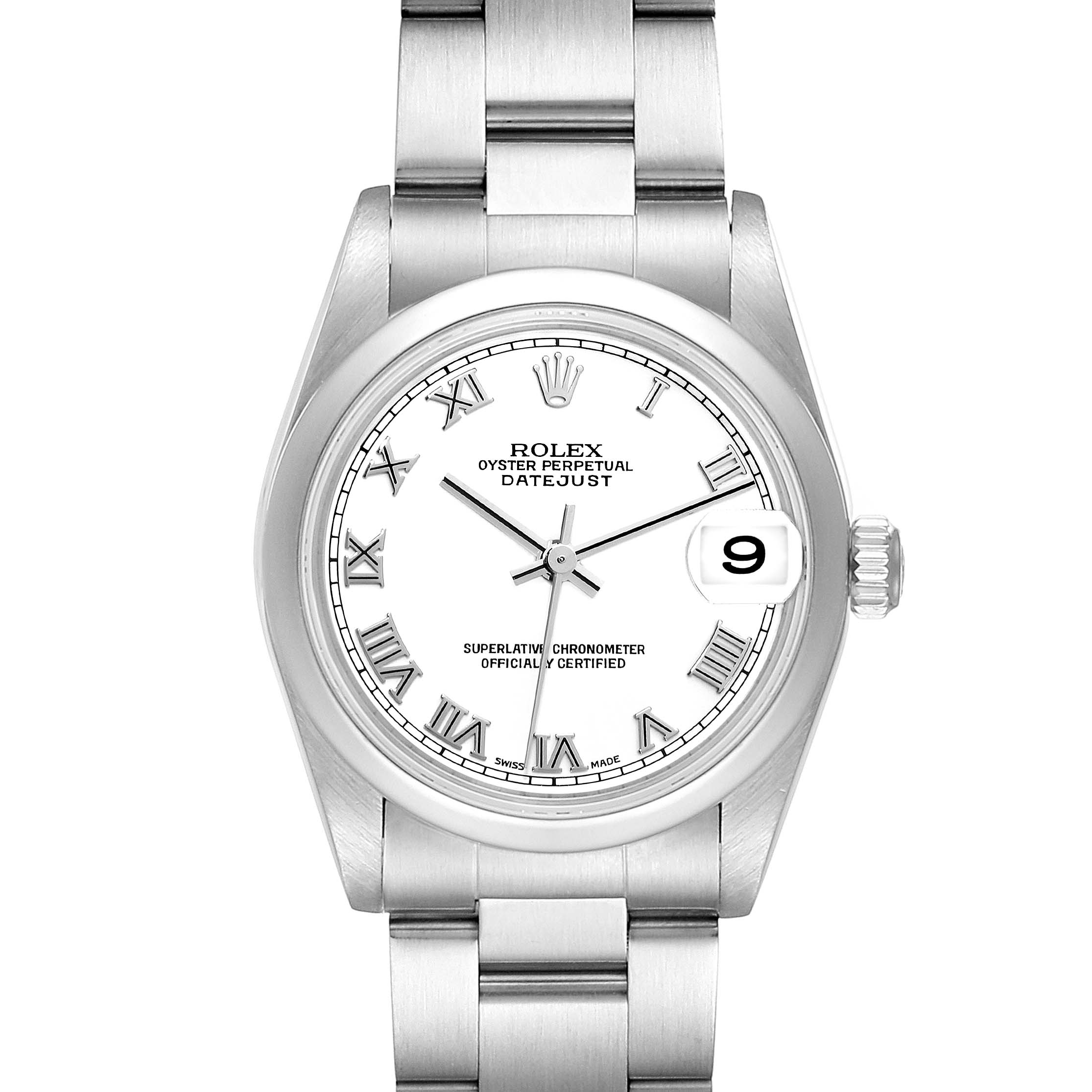 This image shows a front view of a Rolex Mid-Size 78240 Women's Stainless Steel White Dial 78240 Women's Stainless Steel White Dial Datejust watch, highlighting its dial, bracelet, crown, and date window.