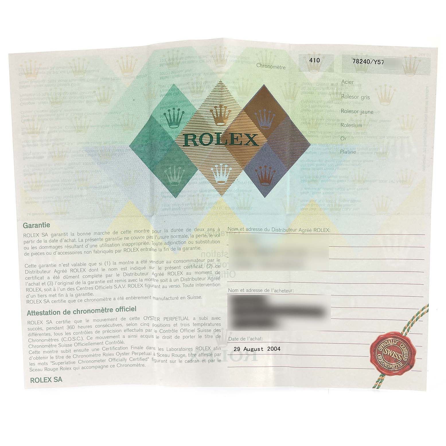 The image shows a warranty certificate for a Mid-Size Rolex watch, including details of the purchase date and distributor.