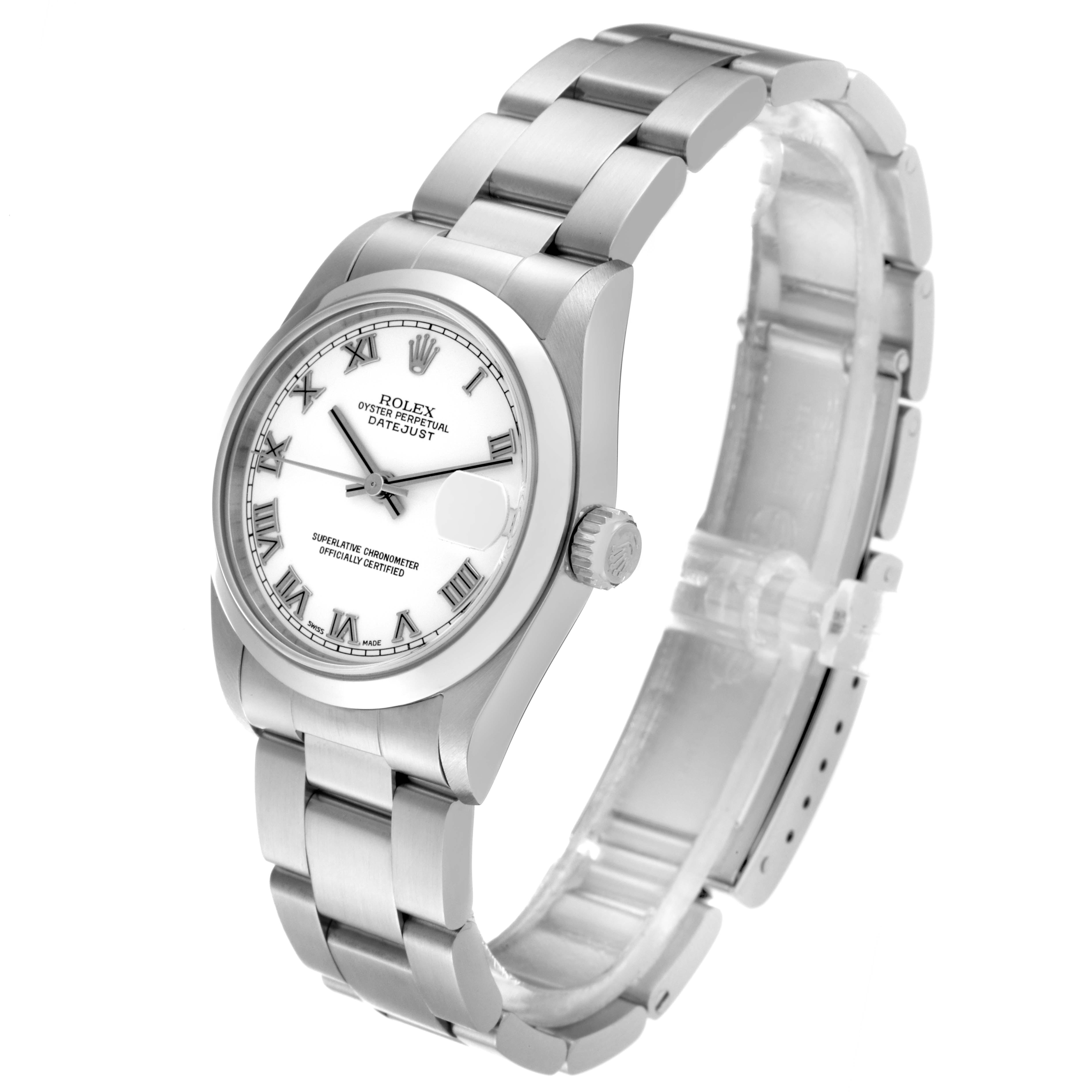 The image shows a Rolex Mid-Size 78240 Women's Stainless Steel White Dial 78240 Women's Stainless Steel White Dial Oyster Perpetual Datejust watch angled slightly from the front, displaying the dial, crown, and stainless steel bracelet.