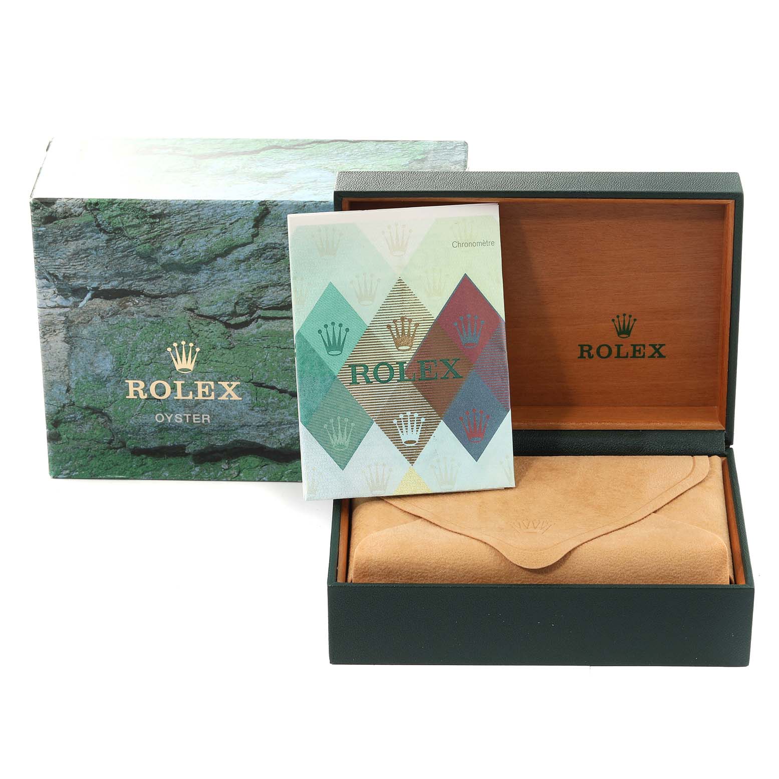 The Mid-Size Rolex watch is shown in its open box, alongside the outer packaging and a brochure.