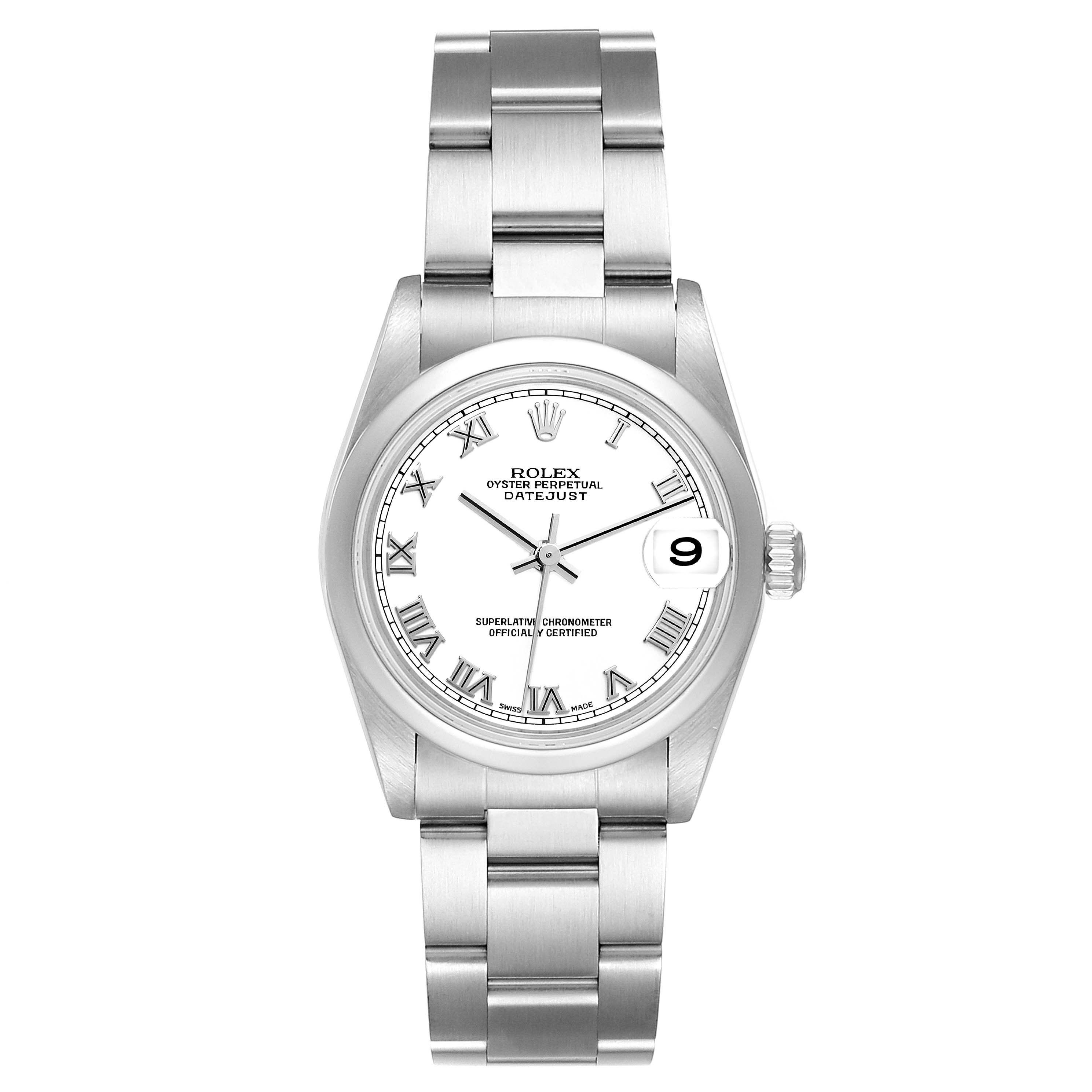 The image shows a front view of a Rolex Mid-Size 78240 Women's Stainless Steel White Dial 78240 Women's Stainless Steel White Dial Oyster Perpetual Datejust watch, showcasing the face and bracelet.