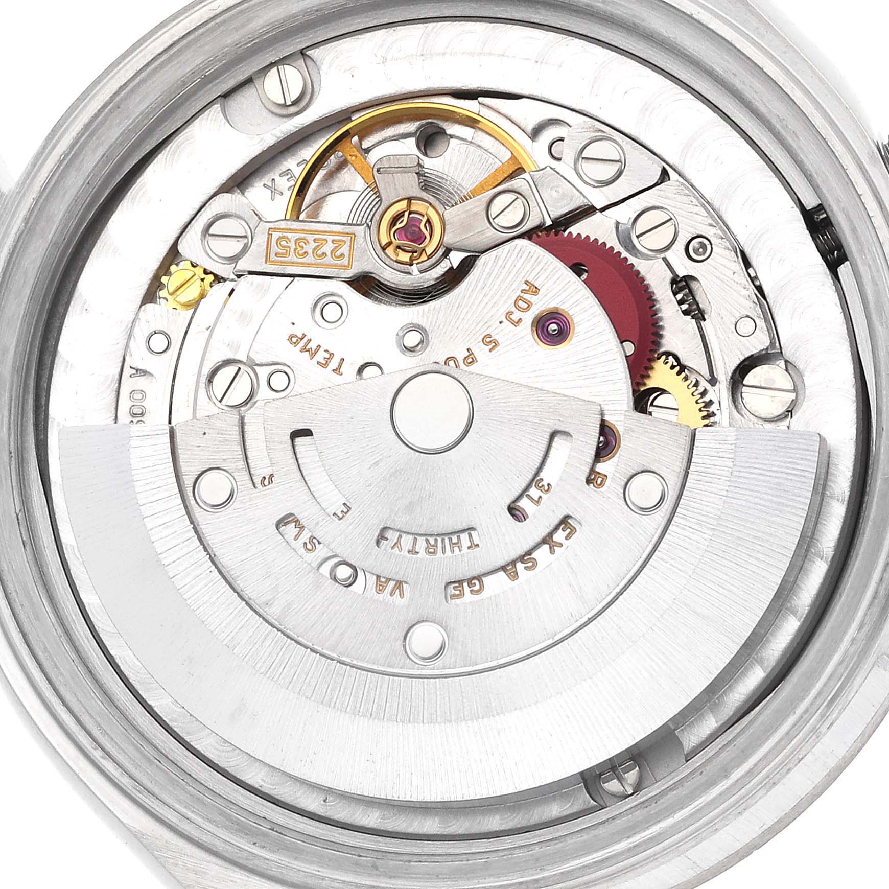 The image shows an internal view of the Rolex Mid-Size model 78274 men
s watch, focusing on its intricate movement and mechanism parts.