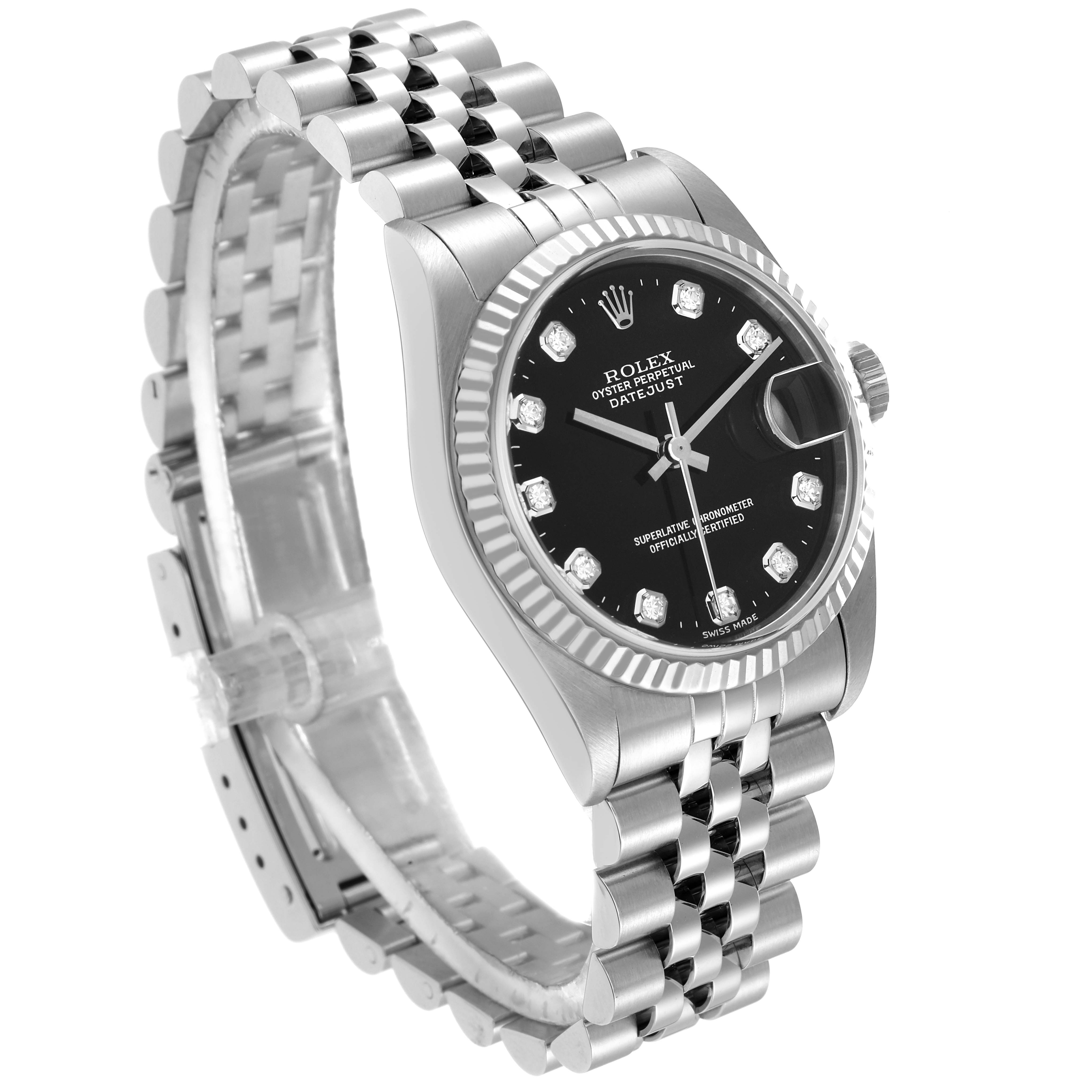 The Rolex Mid-Size, model 78274 men
s watch is shown at a three-quarter angle, displaying the case, fluted bezel, black dial, and Jubilee bracelet.