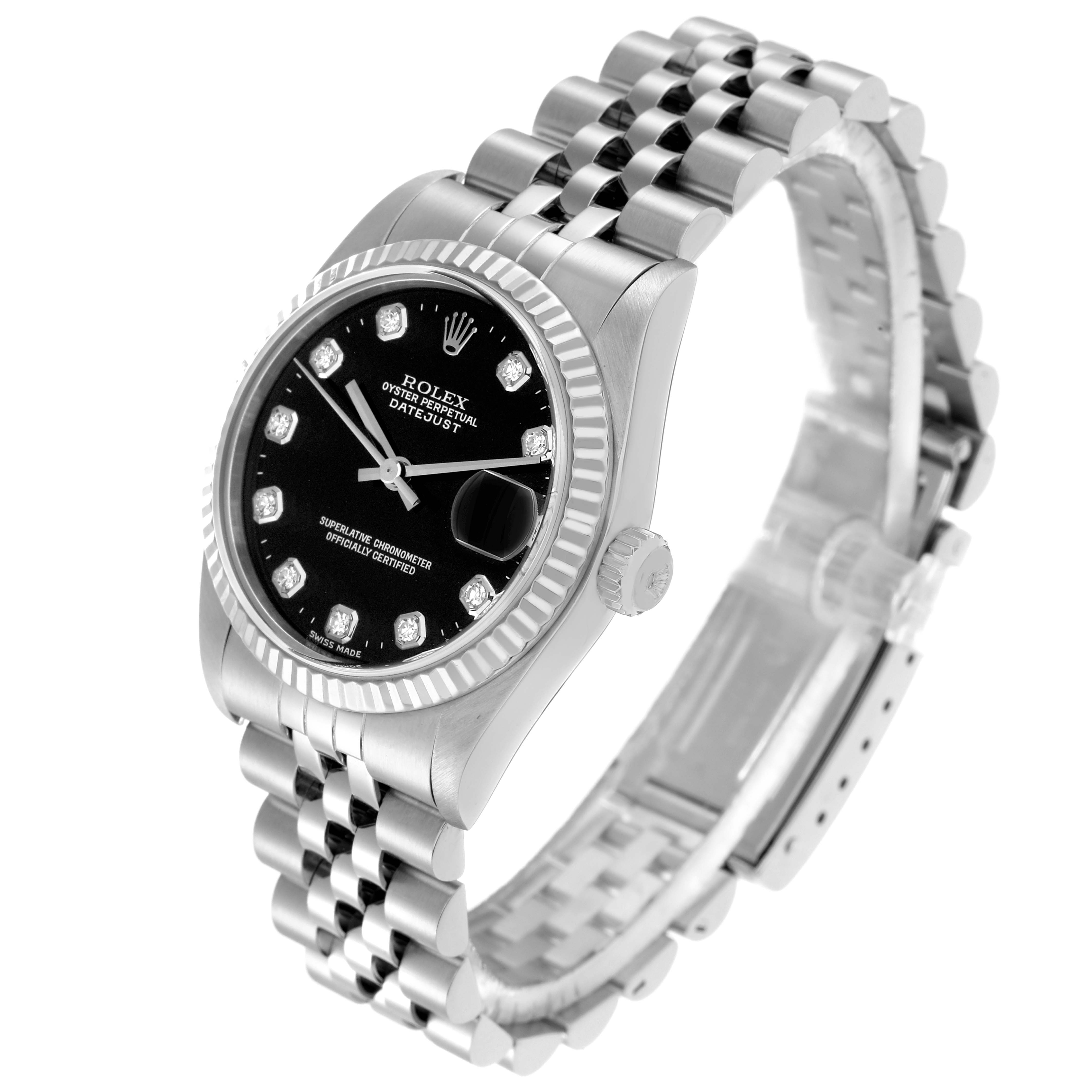 The Rolex Mid-Size Men
s watch model 78274 is shown at an angled side view, displaying the face, bezel, crown, and a partial view of the bracelet.
