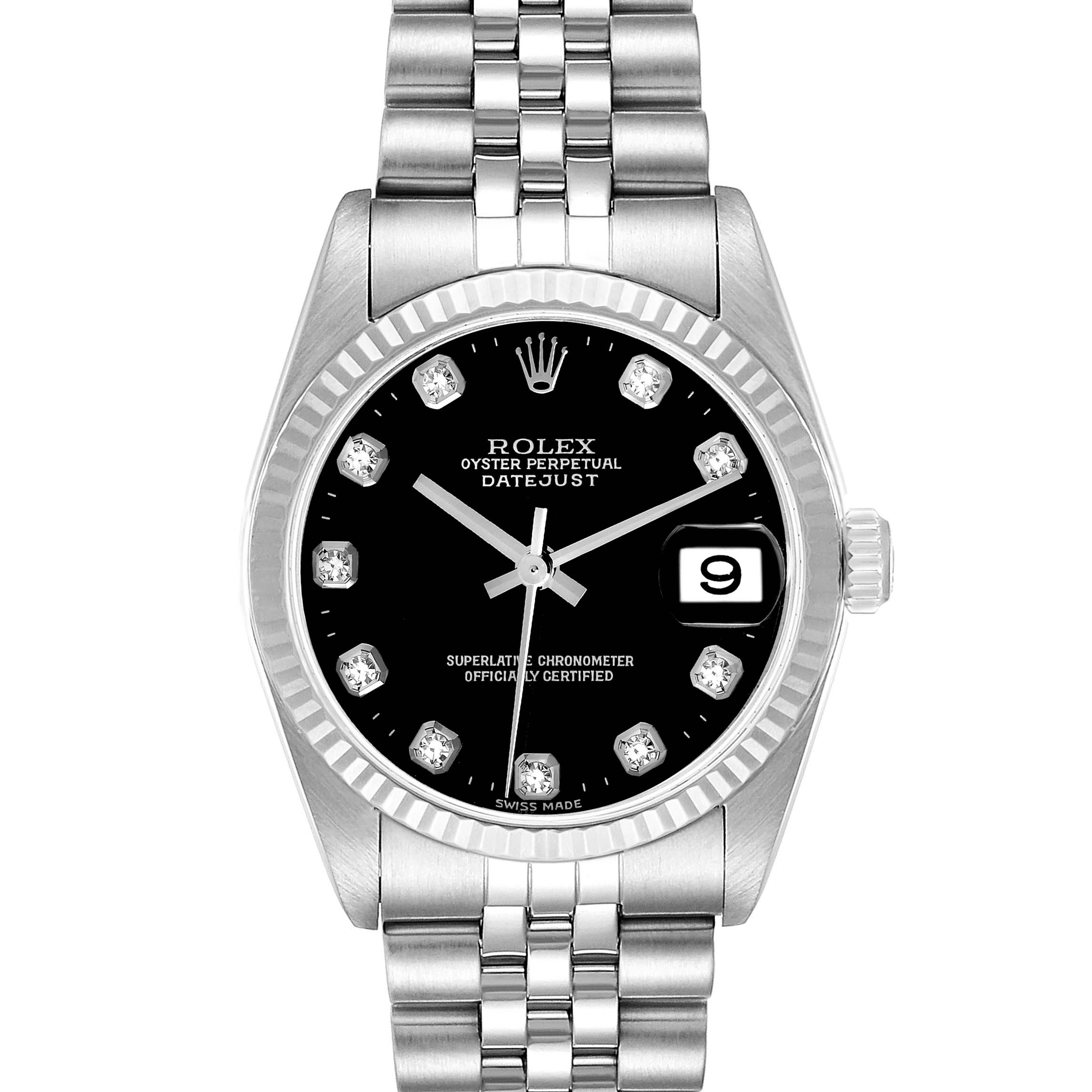 The image shows a frontal view of the Rolex Datejust Mid-Size model, model number 78274, highlighting the watch face, bezel, and bracelet.