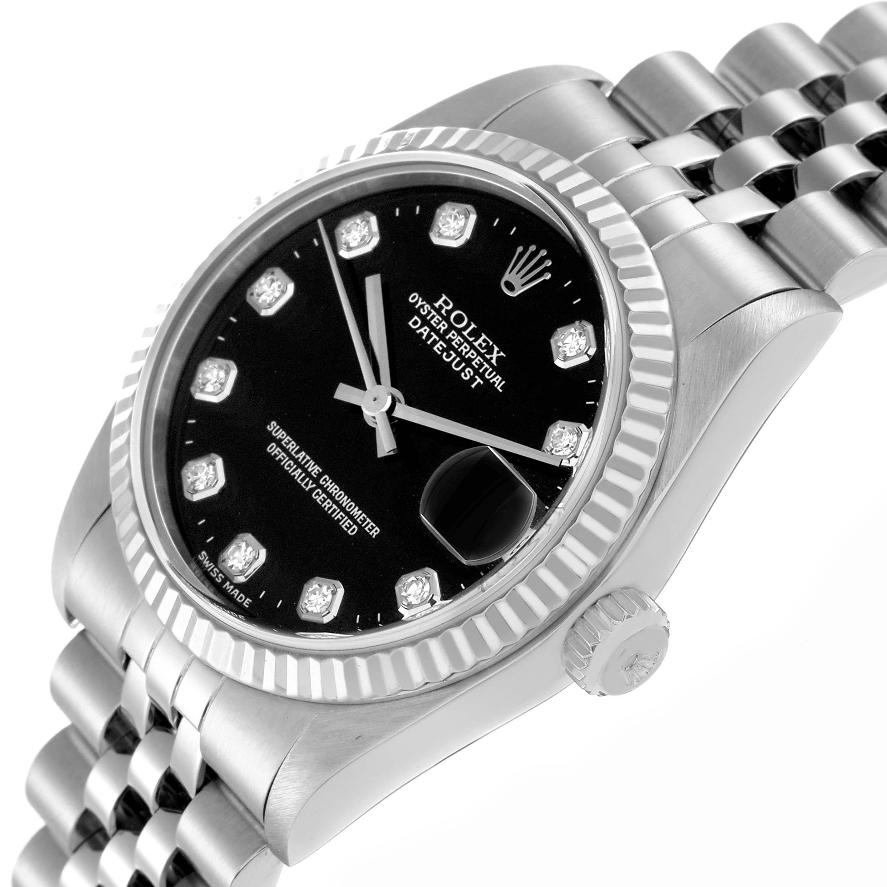 The Rolex Datejust model 78274 watch is shown at a slight angle, displaying its black dial, fluted bezel, diamond hour markers, and part of the bracelet.

