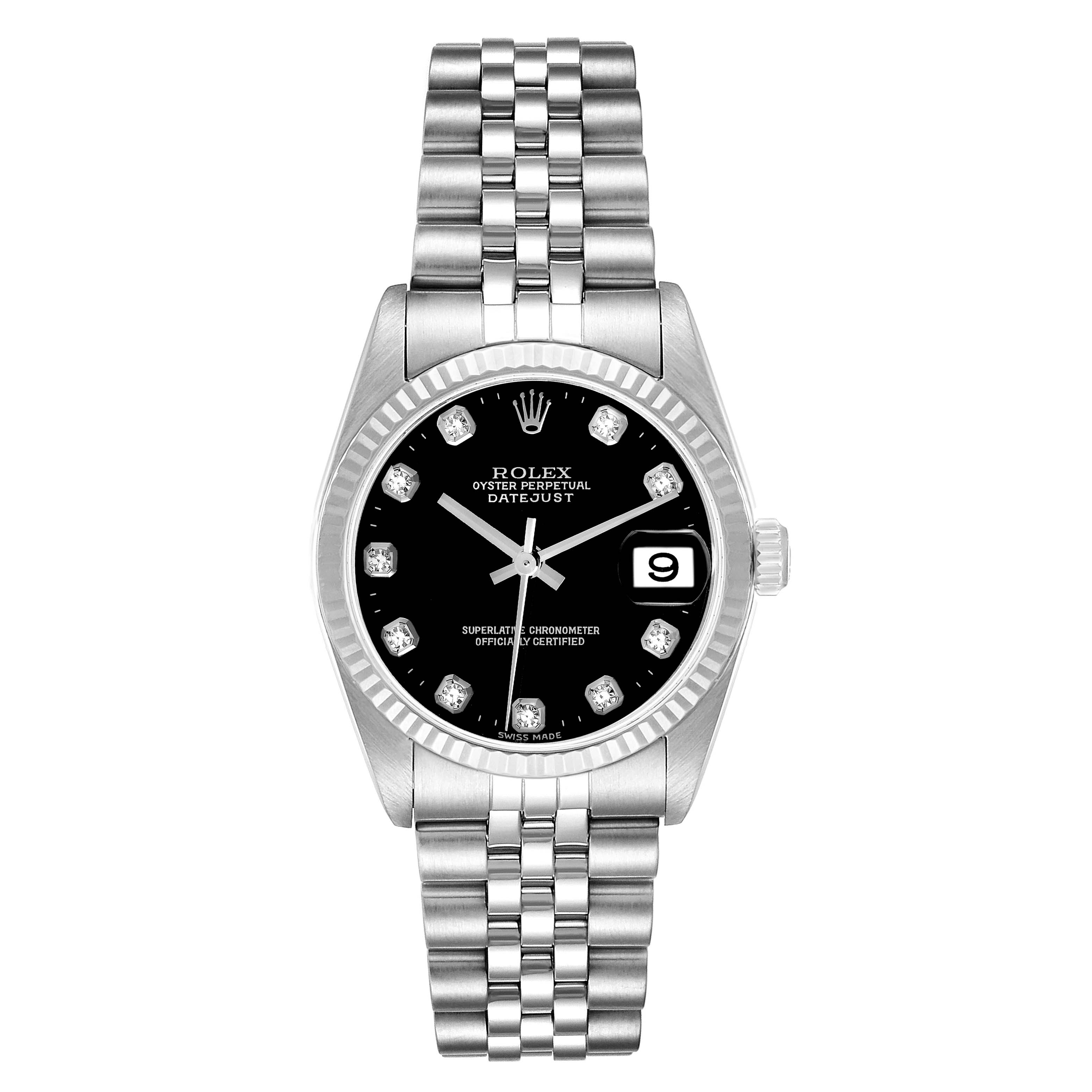 The Rolex Datejust (model 78274) is shown from a top-down angle, highlighting the watch face, bezel, and bracelet.