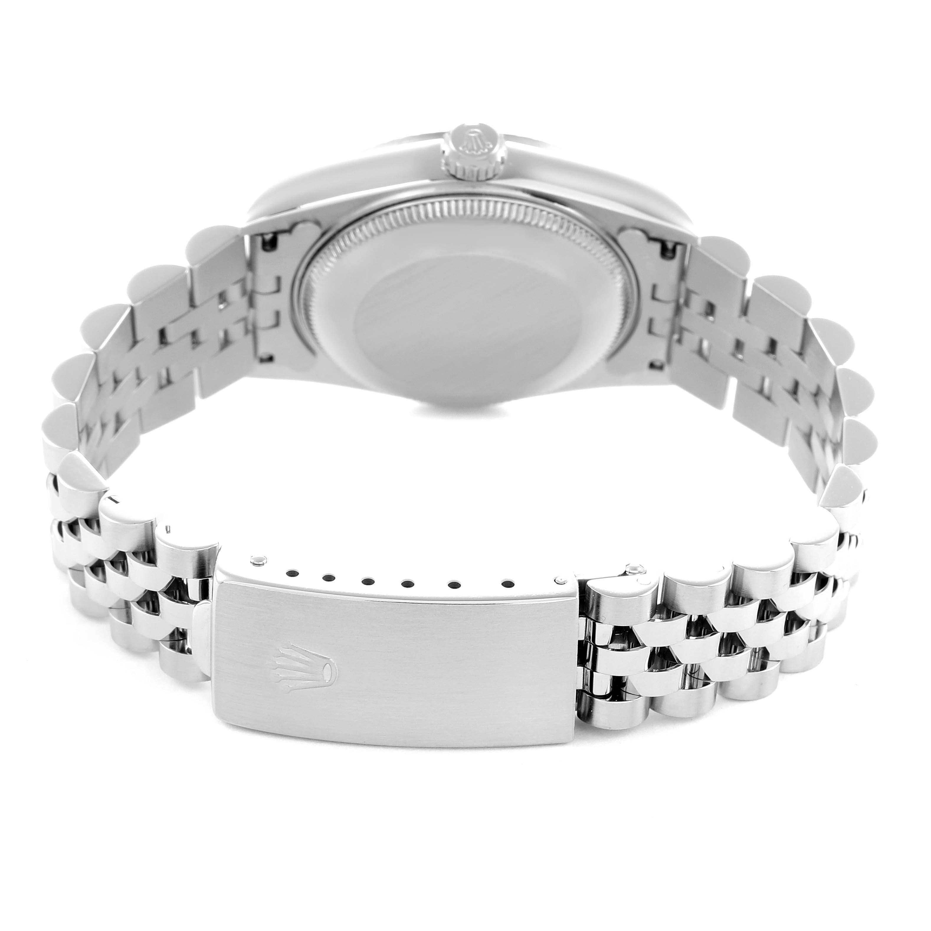 The image shows the Rolex Mid-Size model 78274 from the back, highlighting the clasp, bracelet, and case back.