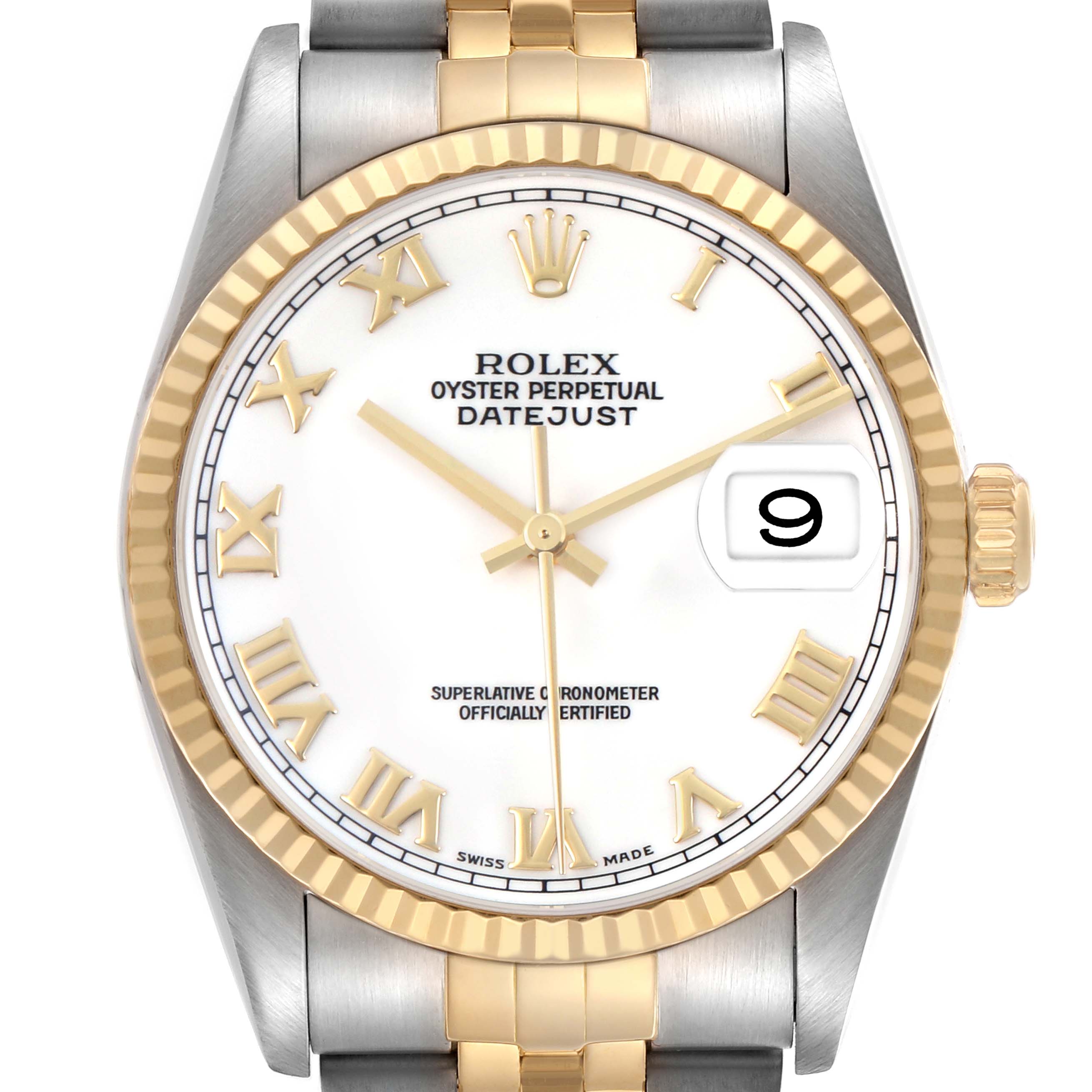 The Rolex Datejust 16233 Men's Stainless Steel White Dial watch is shown from a front view, highlighting the dial, bezel, and partial bracelet.