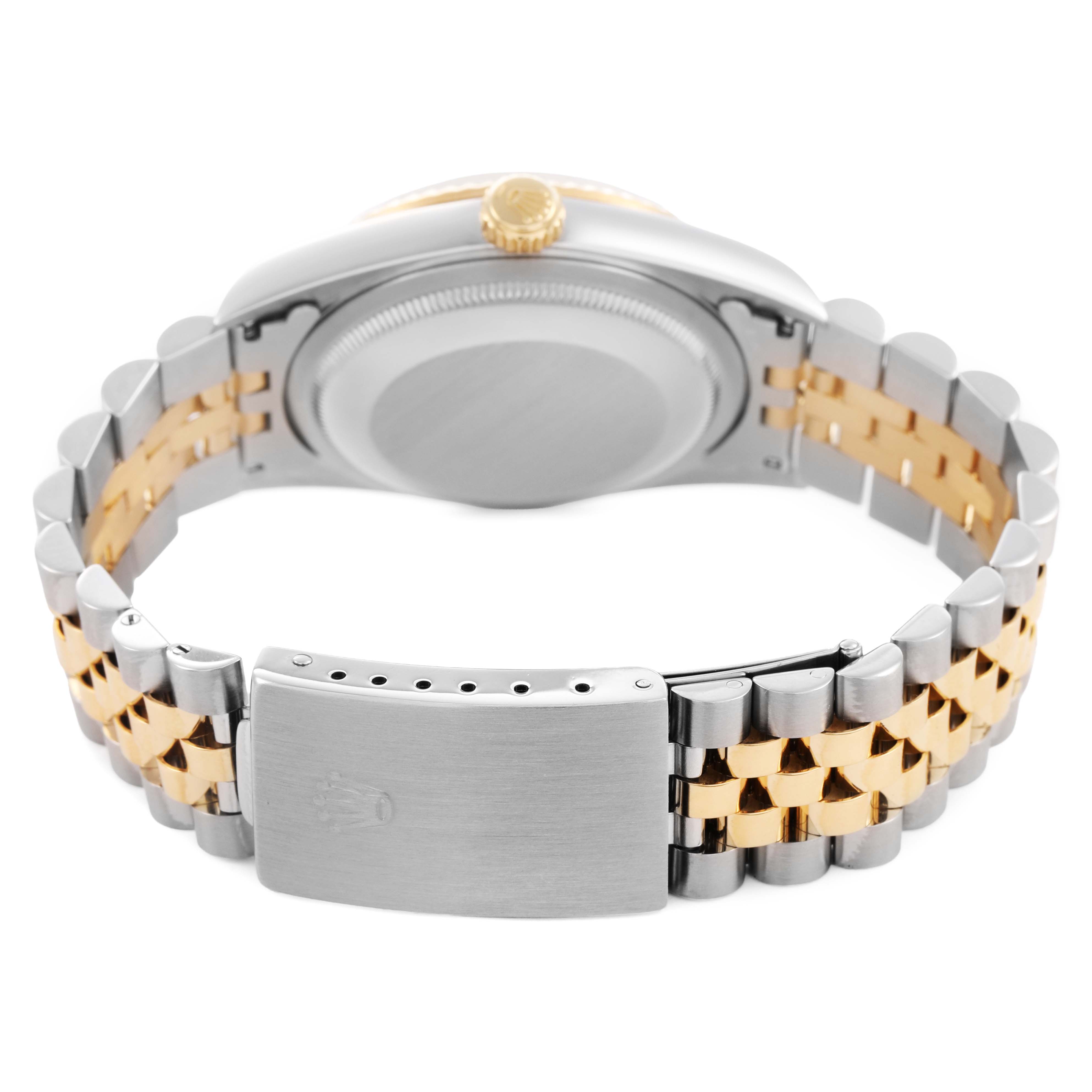 The Rolex Datejust 16233 Men's Stainless Steel White Dial watch is shown from the back, highlighting the clasp, bracelet, case back, and crown.