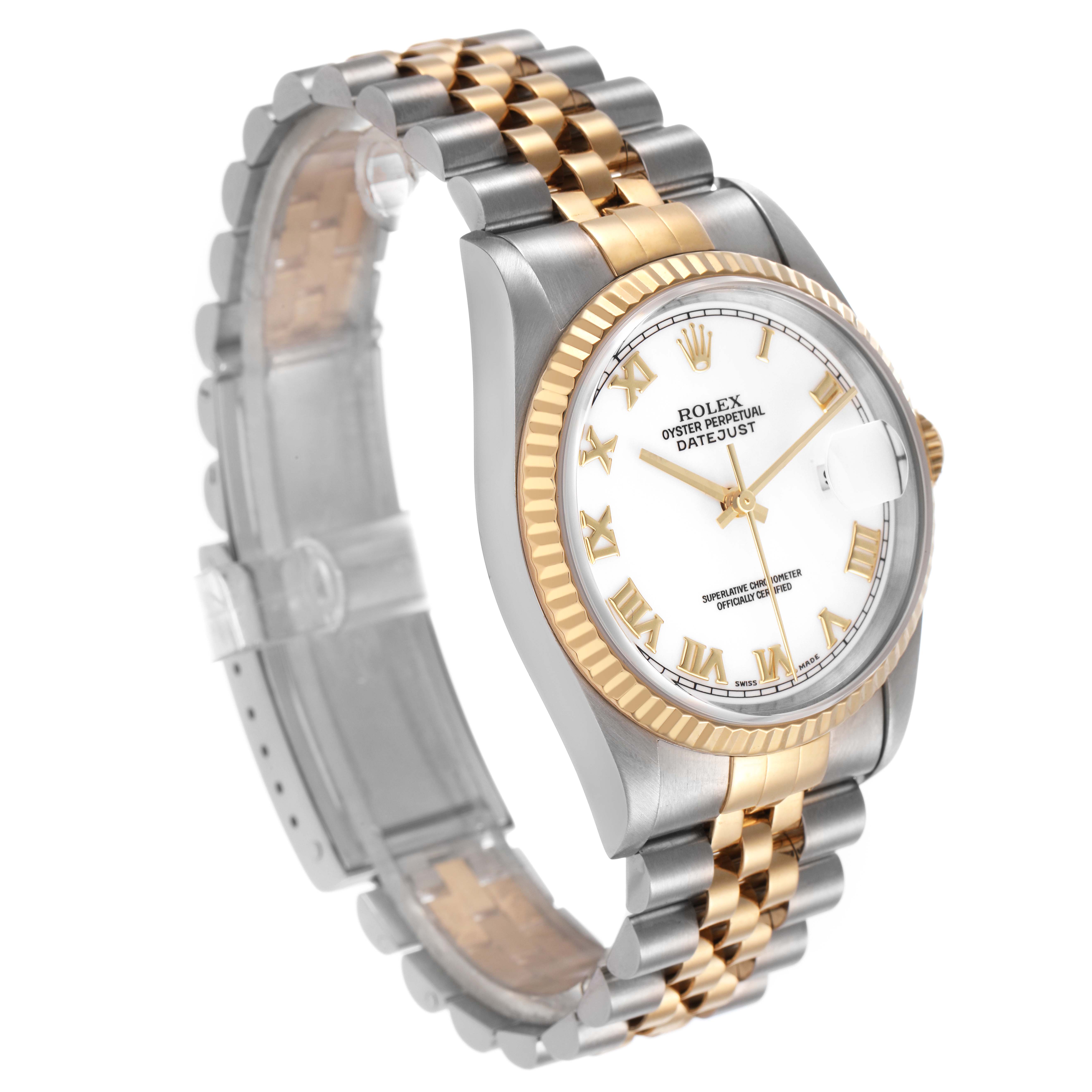 The Rolex Datejust 16233 Men's Stainless Steel White Dial watch is shown at a three-quarter angle, highlighting the face, bezel, and part of the bracelet.