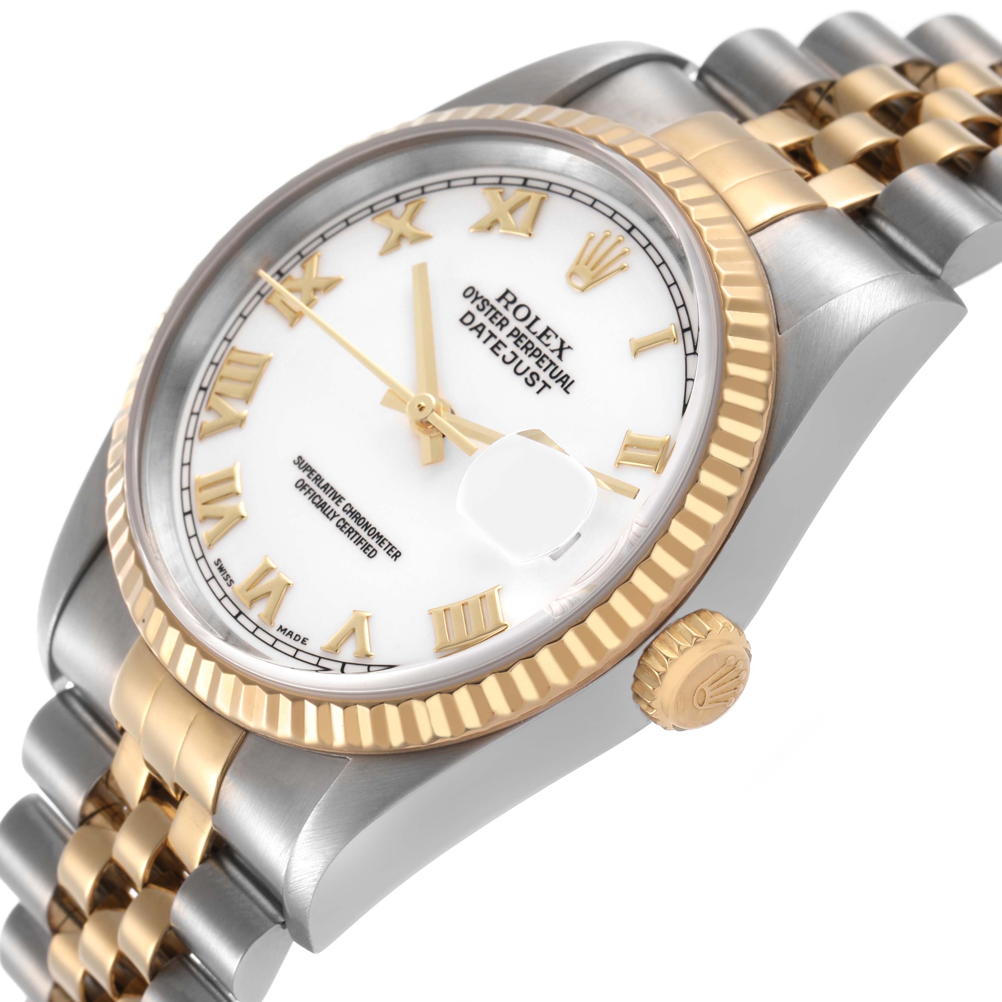 The Rolex Datejust 16233 Men's Stainless Steel White Dial watch is shown at a three-quarter angle highlighting the dial, fluted bezel, and jubilee bracelet.