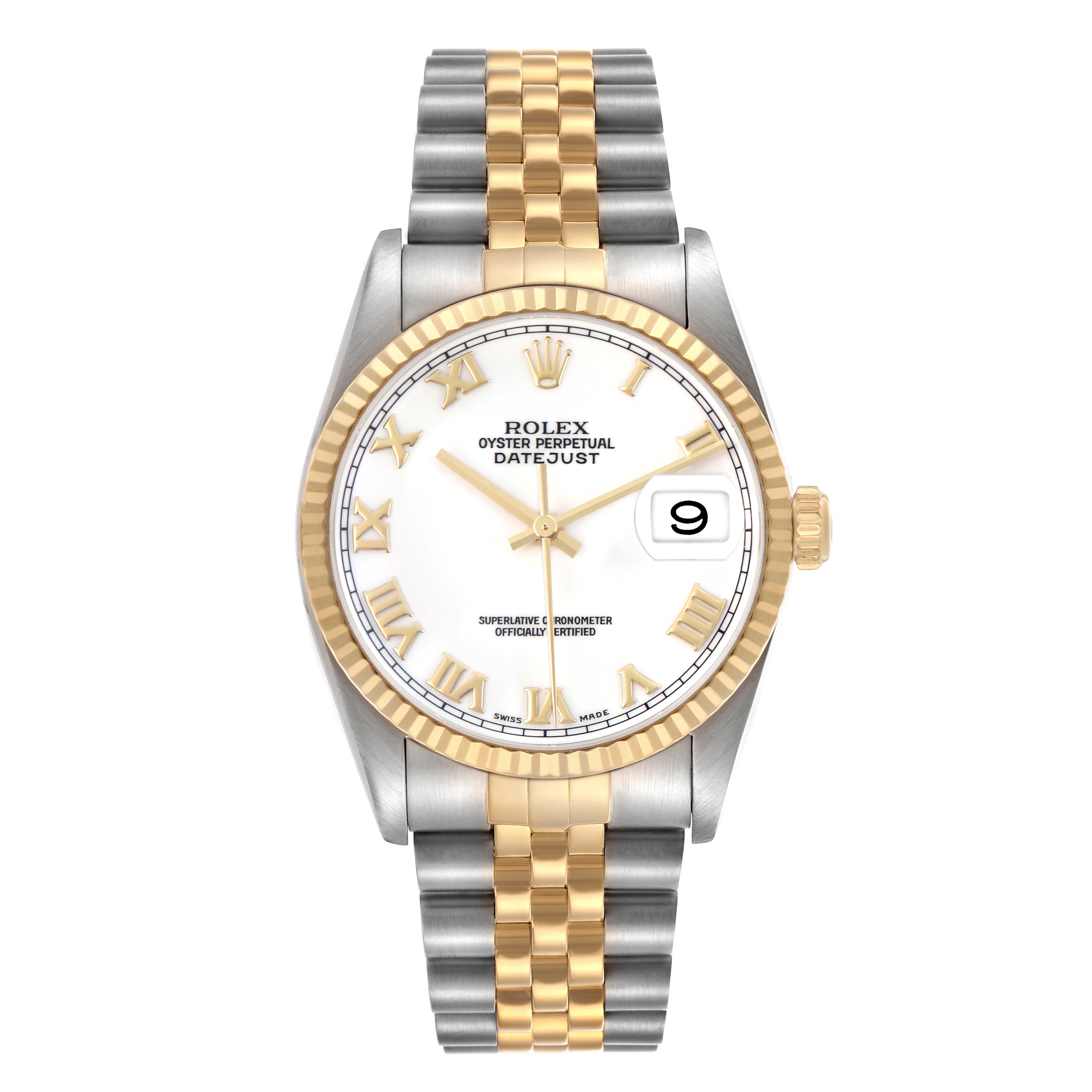 The Rolex Datejust 16233 Men's Stainless Steel White Dial watch is shown from the front, highlighting the two-tone bracelet, gold fluted bezel, and white dial with gold markers.