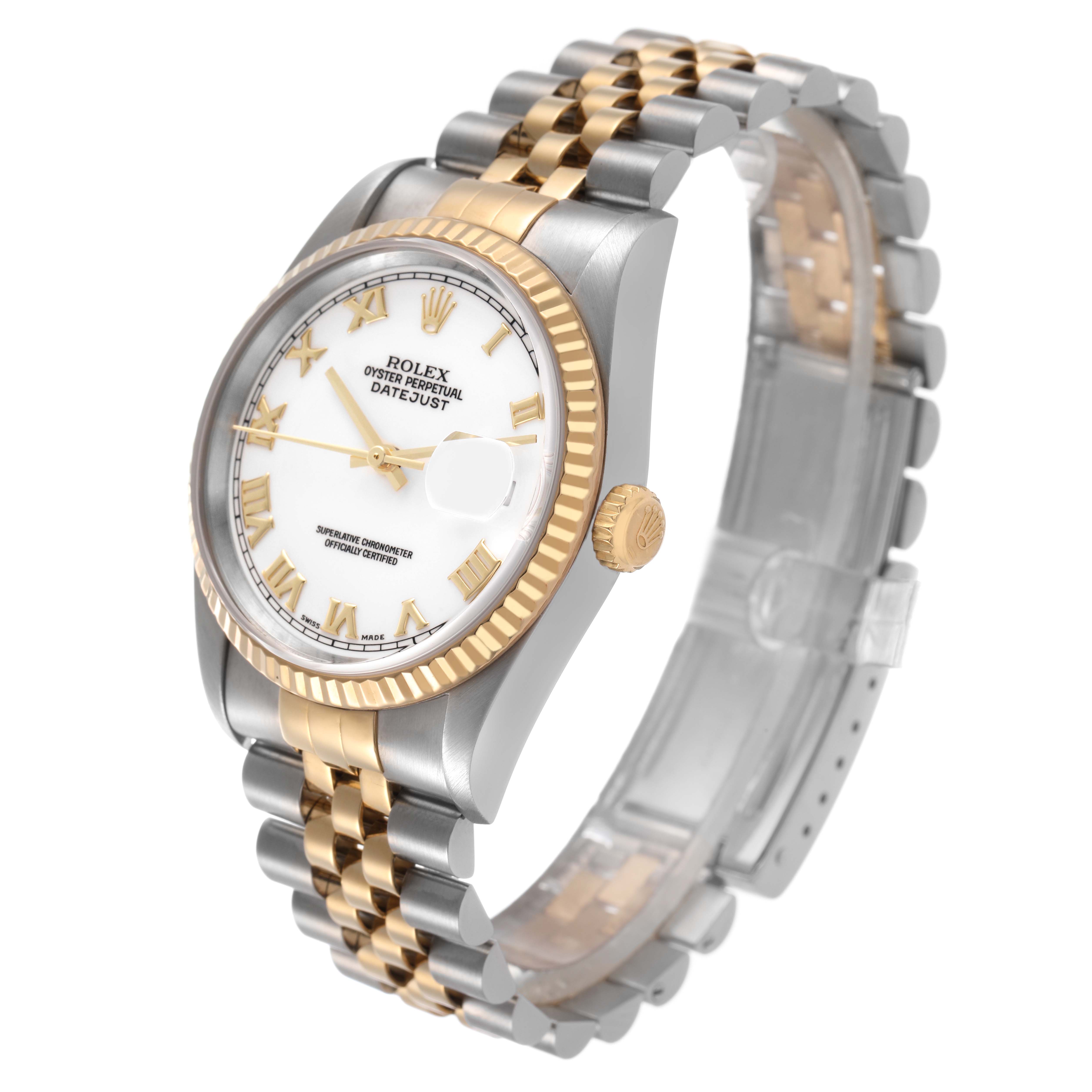 The Rolex Datejust 16233 Men's Stainless Steel White Dial watch is shown at an angle highlighting the face, bezel, and jubilee bracelet.