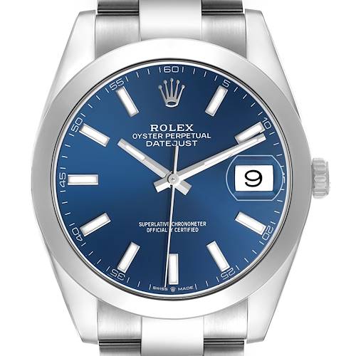 The Rolex Datejust 41 126300 Men's Stainless Steel Black Dial watch is shown from the front, displaying the blue dial, date window, and part of the bracelet.