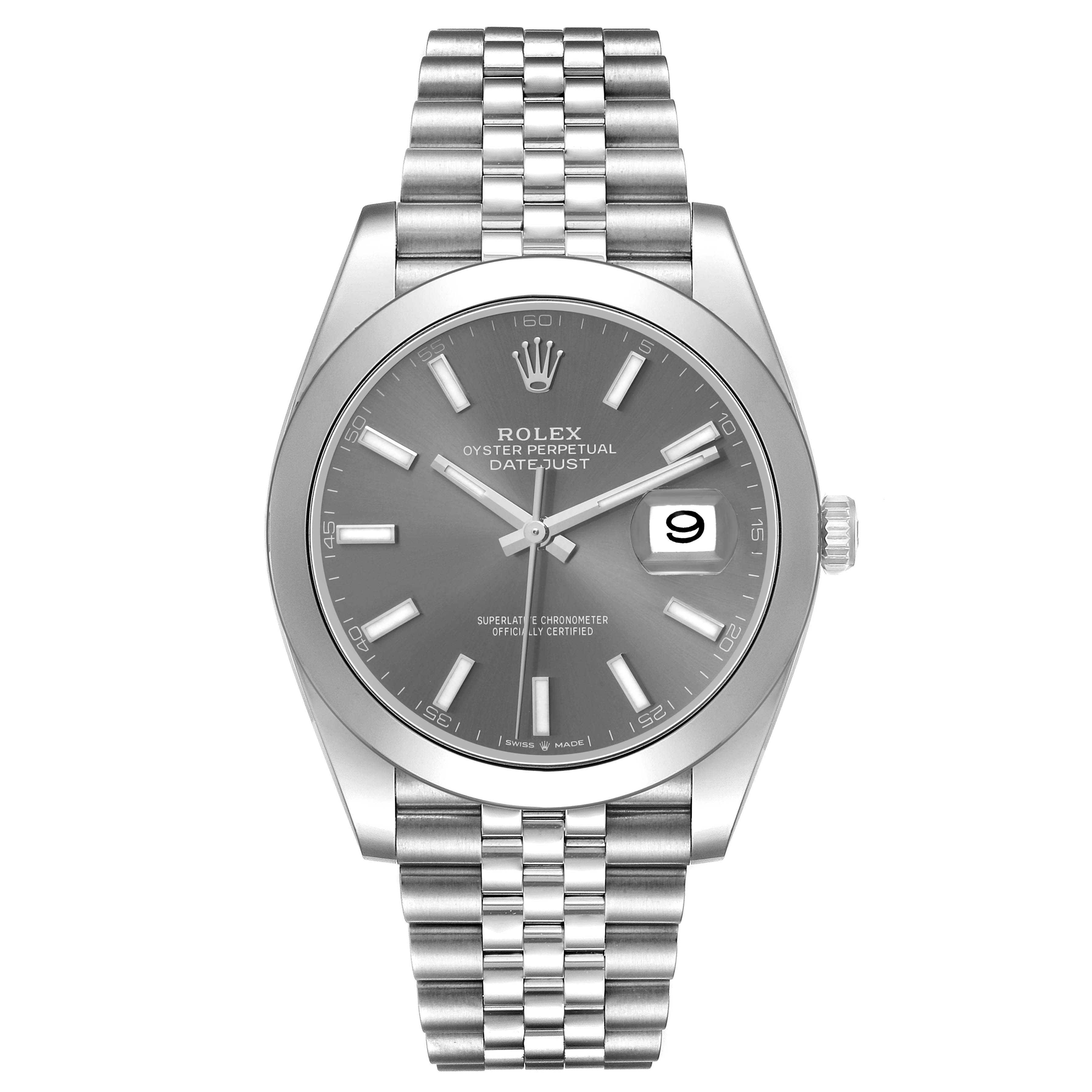 The image shows a frontal view of the Rolex Datejust 41 126300 Men's Stainless Steel Grey Dial, highlighting its dial, bezel, hands, date window, and bracelet.