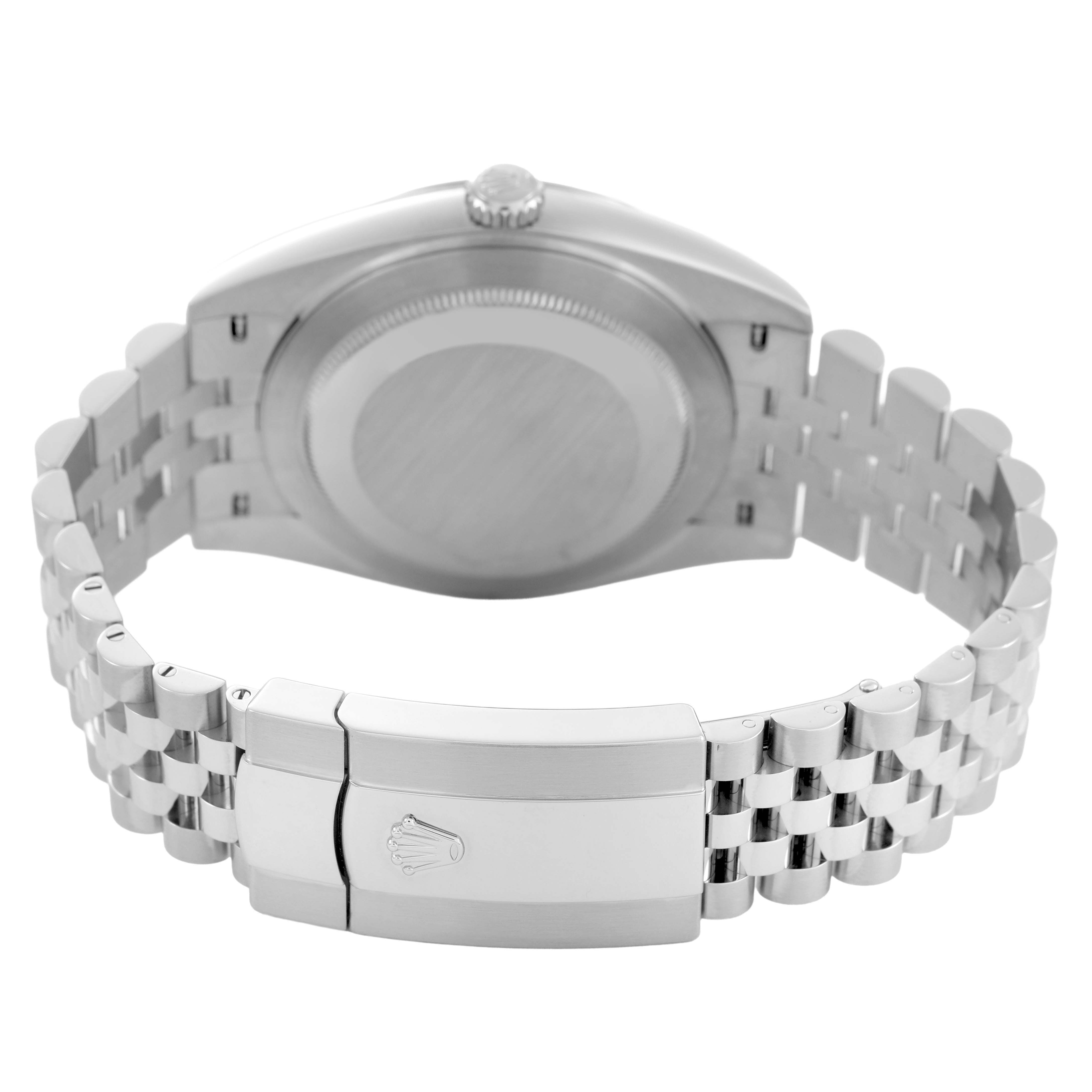 The image shows the underside of the Rolex Datejust 41 126300 Men's Stainless Steel Grey Dial, highlighting the bracelet, clasp, and case back.
