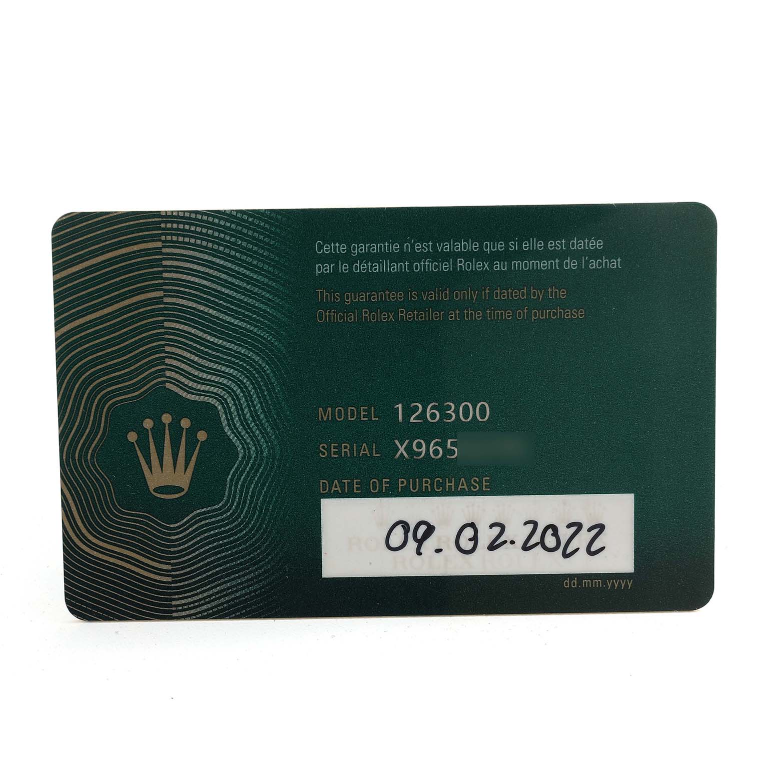 The image shows a warranty card for the Rolex Datejust 41 126300 Men's Stainless Steel Grey Dial, displaying the model number, serial number, and purchase date.