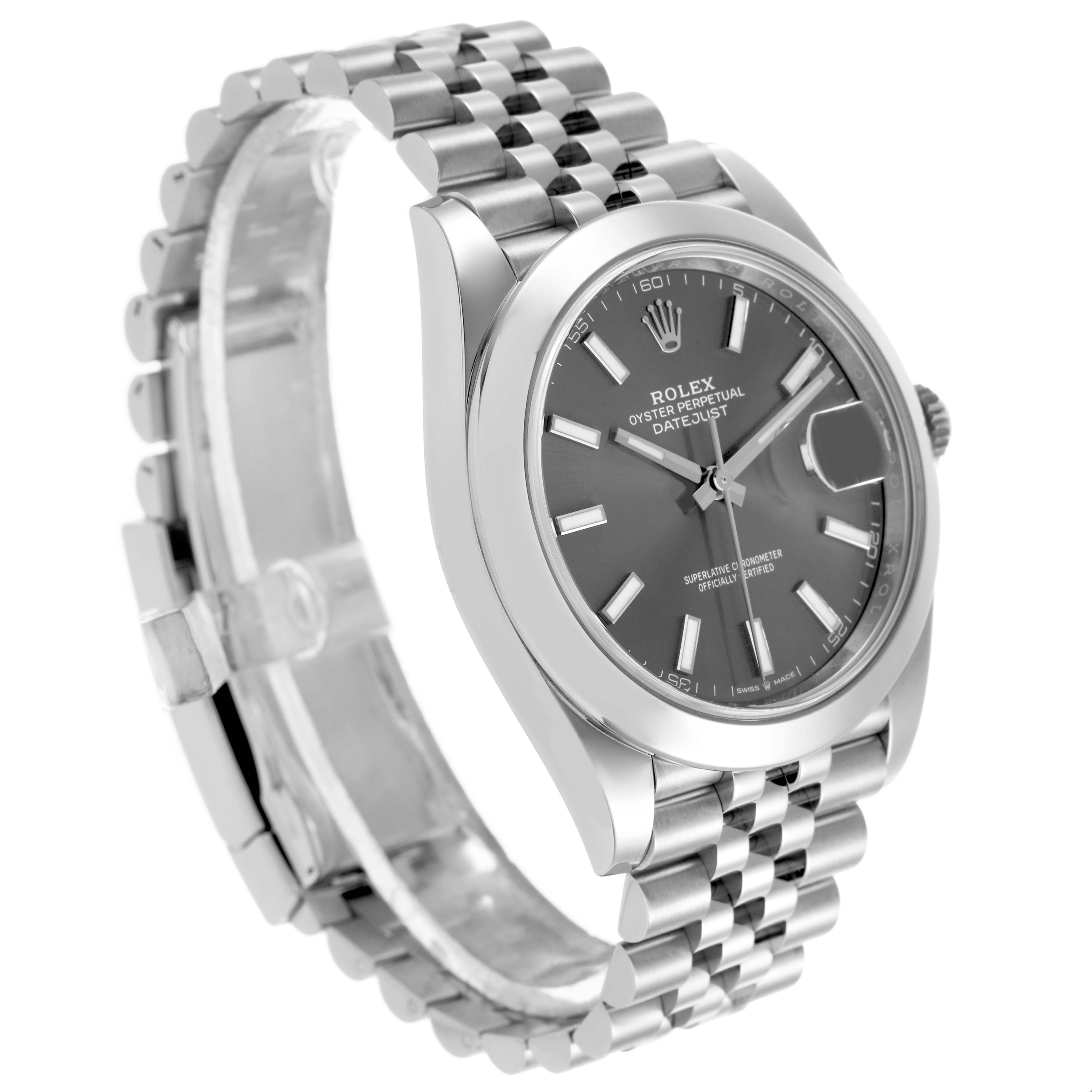 The Rolex Datejust 41 126300 Men's Stainless Steel Grey Dial watch is shown from a front-right angle, highlighting the face, bezel, and jubilee bracelet.
