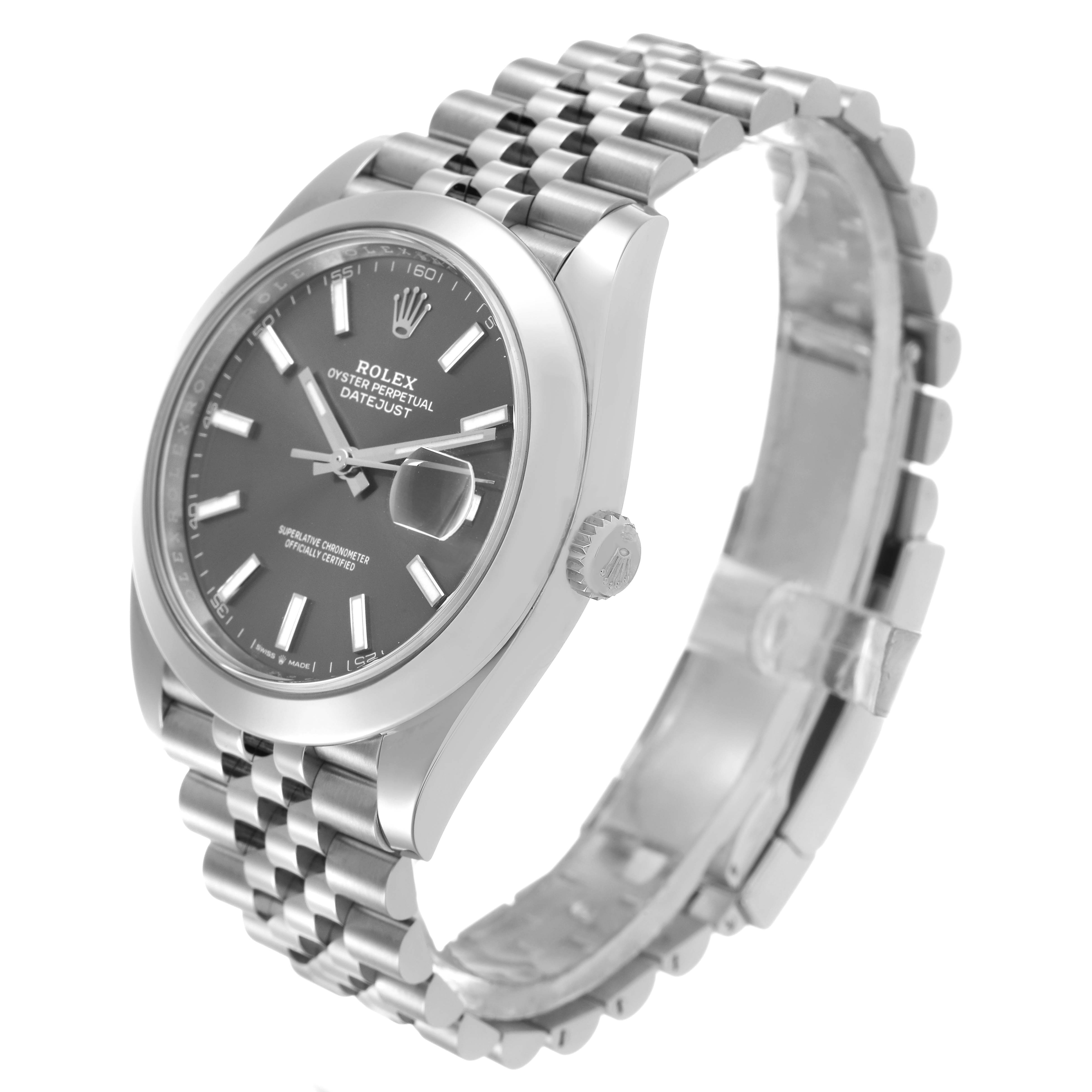 The Rolex Datejust 41 126300 Men's Stainless Steel Grey Dial is shown at a side angle, highlighting the dial, case, crown, and Jubilee bracelet.