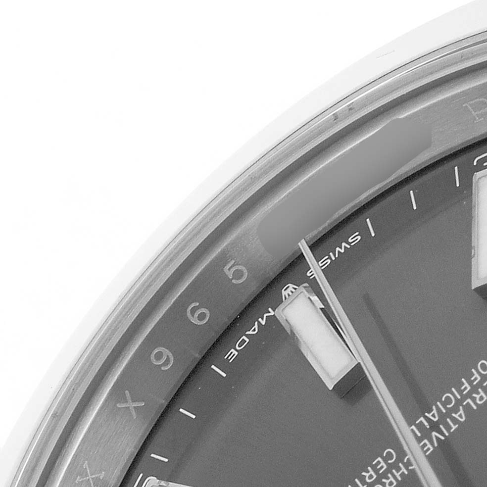 The image shows a close-up of the dial and minute markers of a Rolex Datejust 41 126300 Men's Stainless Steel Grey Dial watch, highlighting a portion of the bezel.