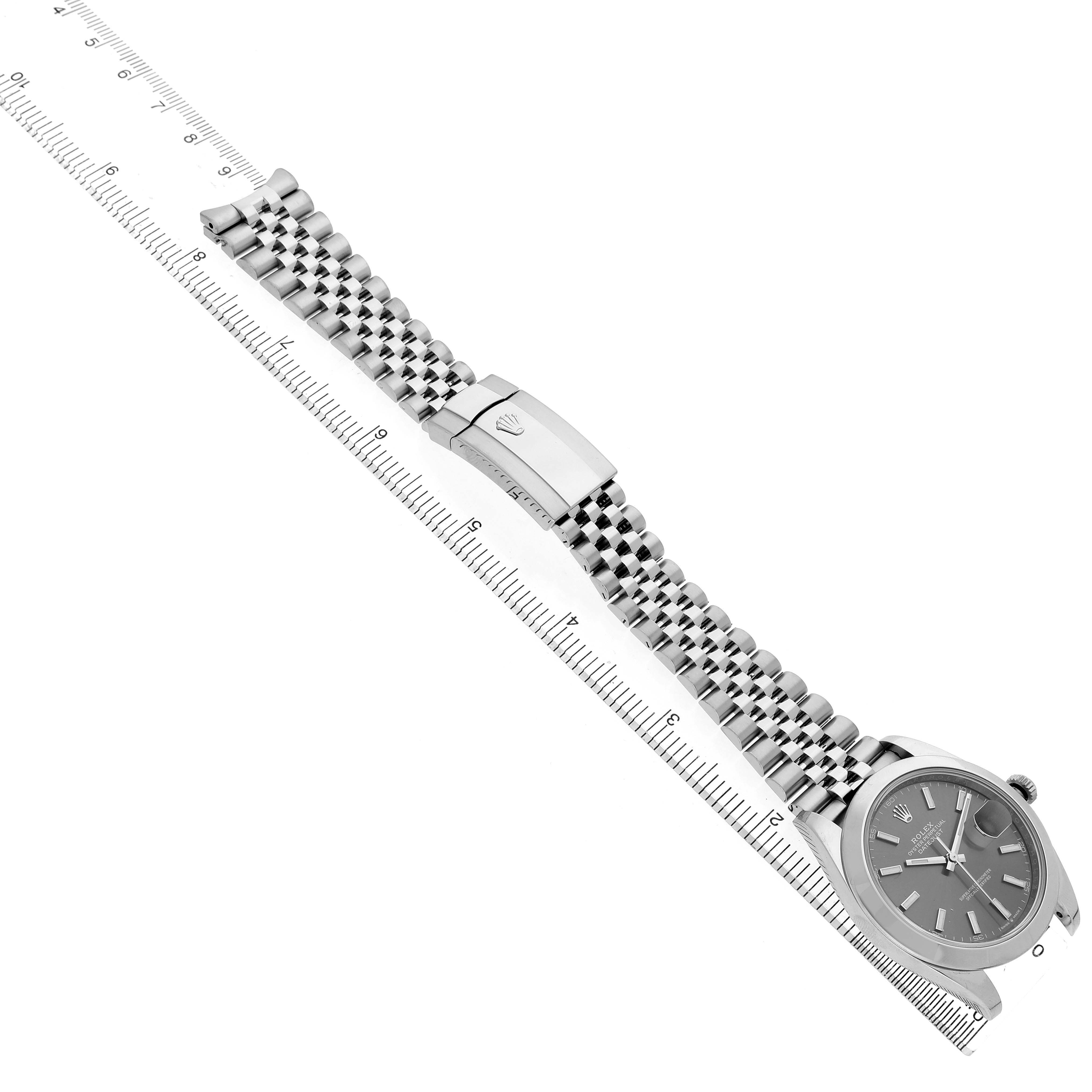 The Rolex Datejust 41 126300 Men's Stainless Steel Grey Dial watch is shown from an angled top view, displaying the face, bracelet, and clasp.