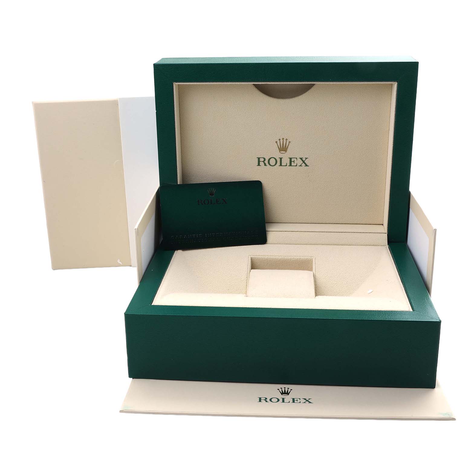 The image shows the open box and card of a Rolex Datejust 41 126300 Men's Stainless Steel Grey Dial, with a focus on the packaging and branding.