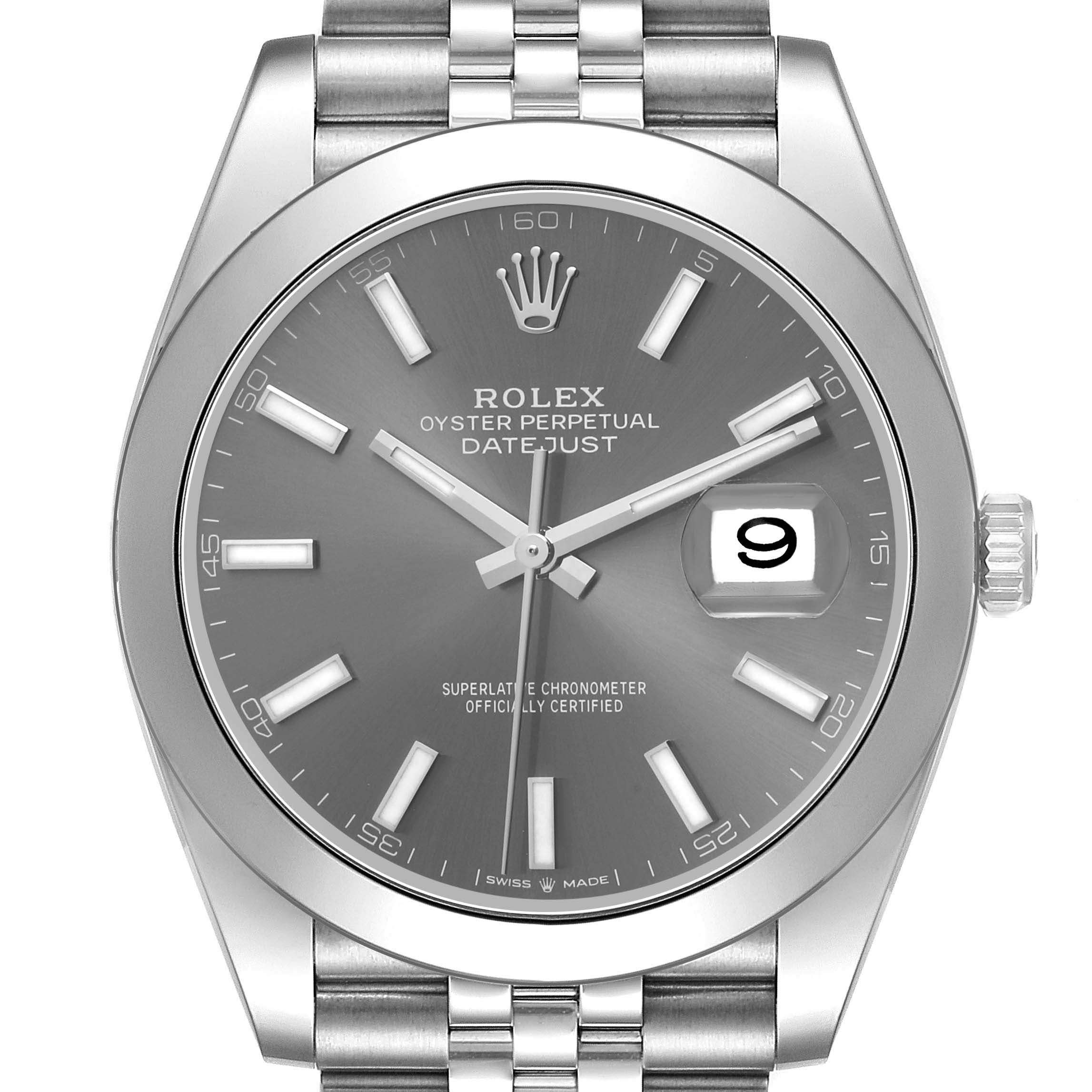 The Rolex Datejust 41 126300 Men's Stainless Steel Grey Dial is shown front-on, highlighting the dial, bezel, bracelet, and crown.