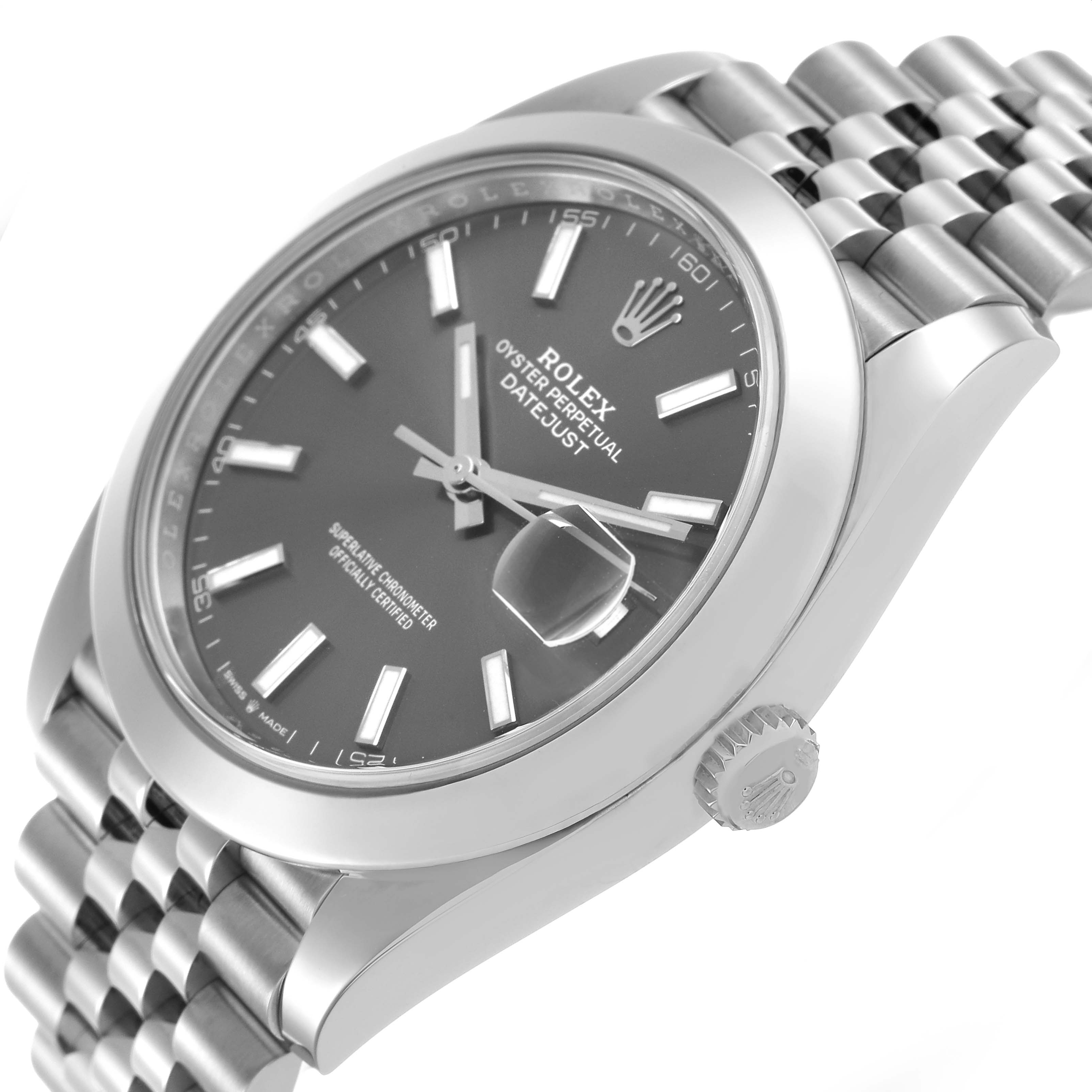 The Rolex Datejust 41 126300 Men's Stainless Steel Grey Dial model is shown from a tilted angle, highlighting the dial, bezel, and part of the bracelet with the crown visible.