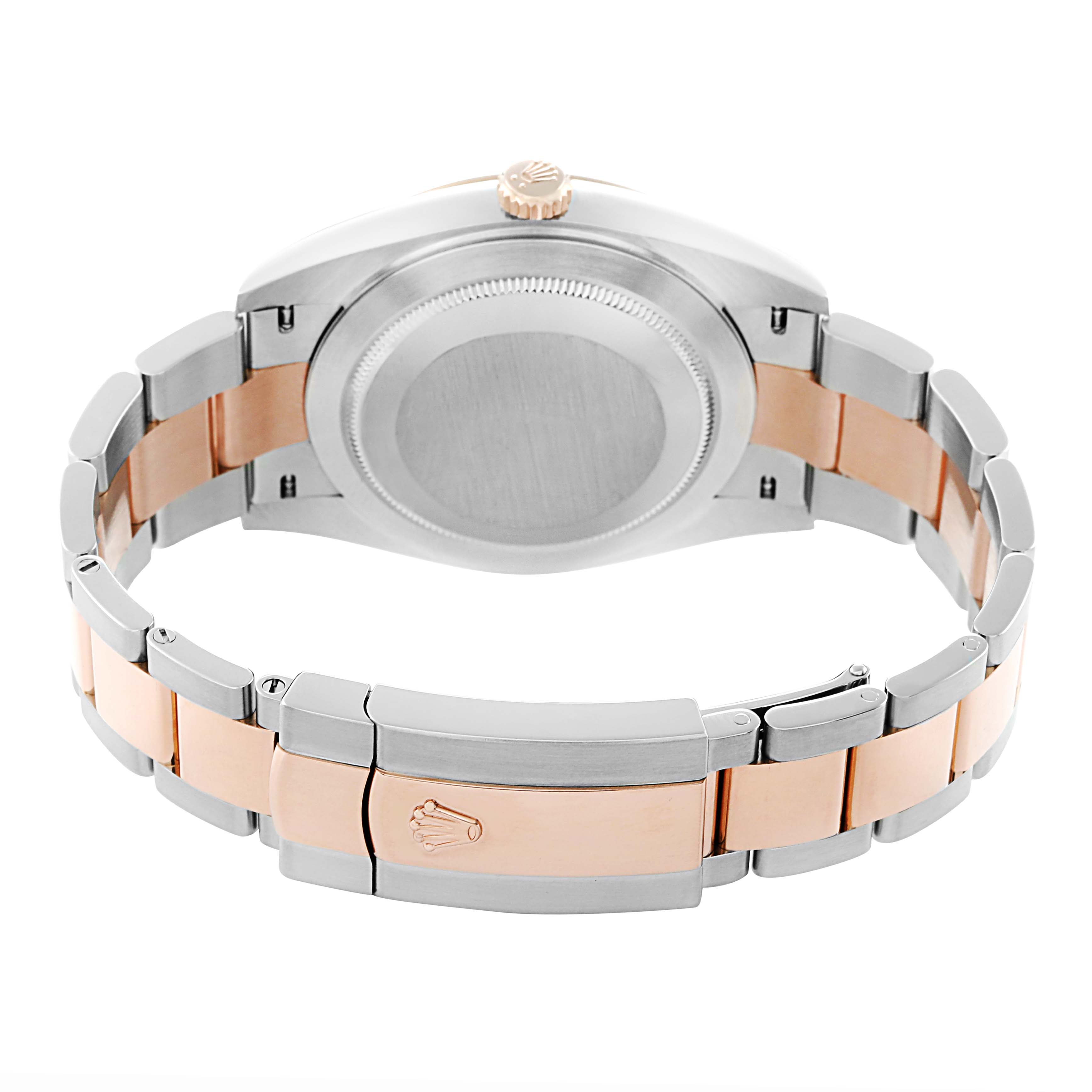 The image shows the back of the Rolex Datejust 41 model 126301, highlighting the case back, crown, and two-tone bracelet with the clasp visible.