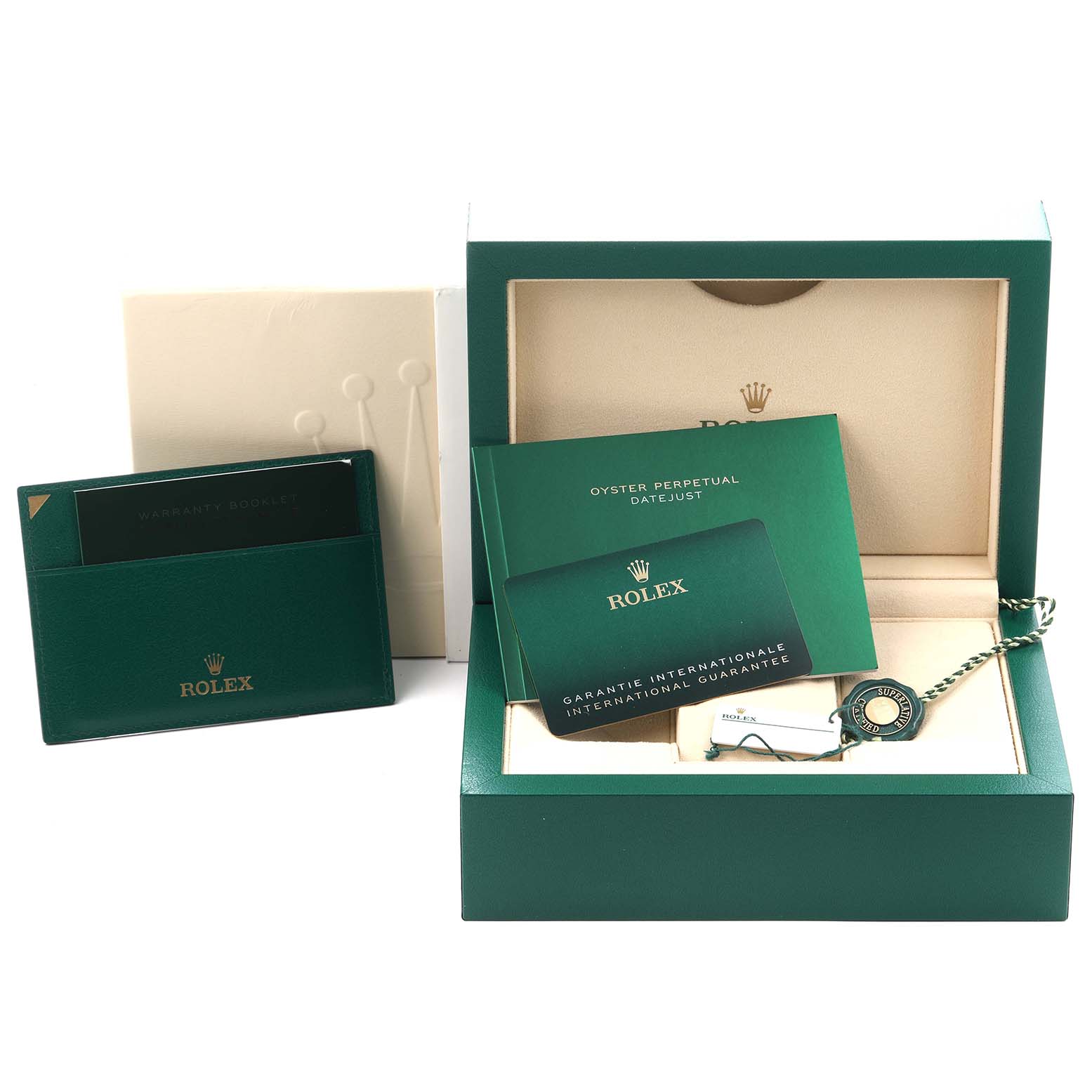 The image shows the packaging and accessories for a Rolex Datejust 41, model number 126301, including the box, warranty card, and tags displayed from various angles.