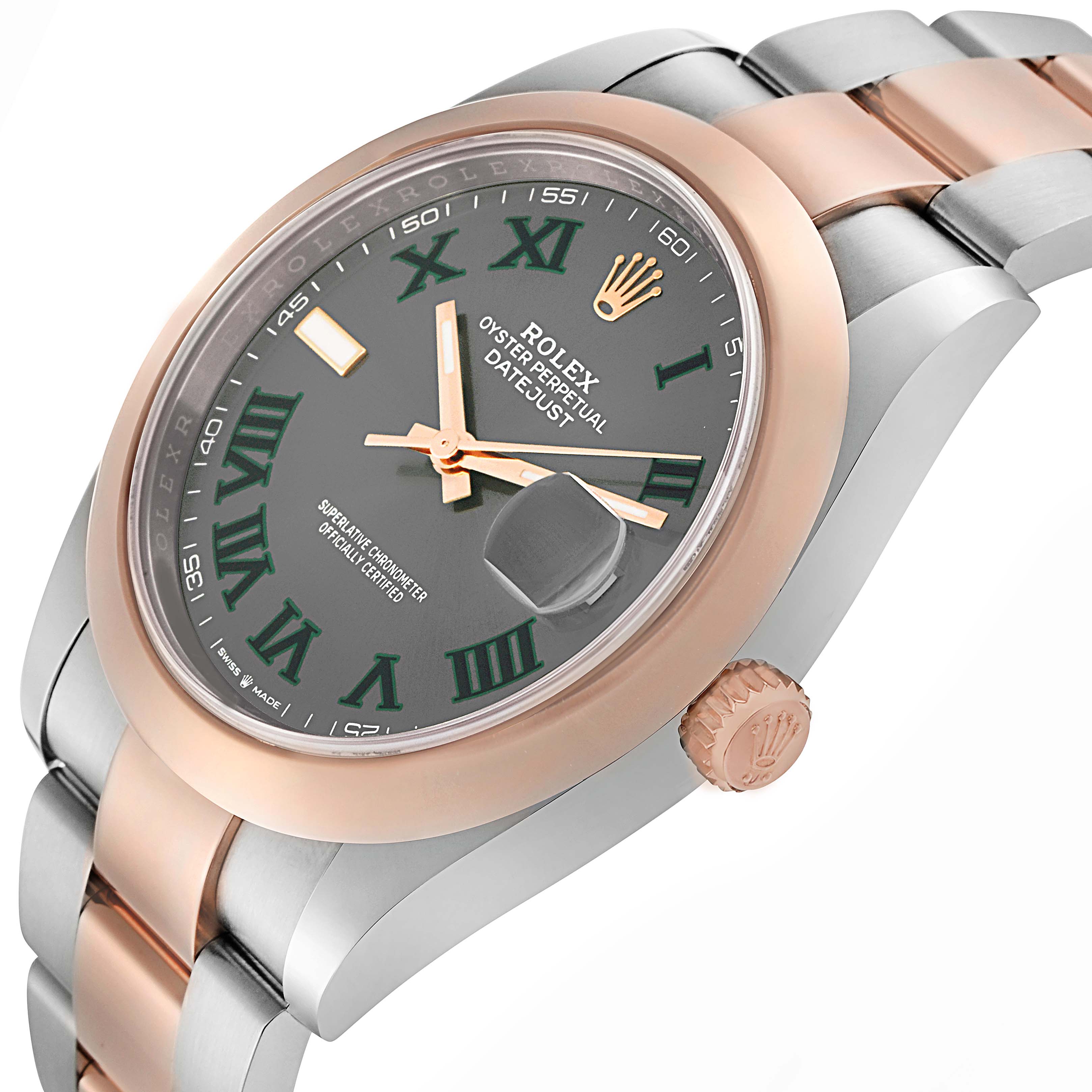 The Rolex Datejust 41 model 126301 is shown at a three-quarter angle, highlighting the rose gold bezel, oyster bracelet, and side profile with the crown visible.