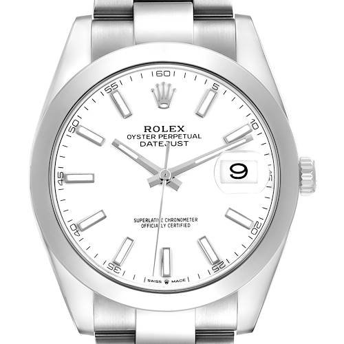 The image shows a frontal view of the Rolex Datejust 41 126300 Men's Stainless Steel White Dial, highlighting the dial, bezel, and bracelet.