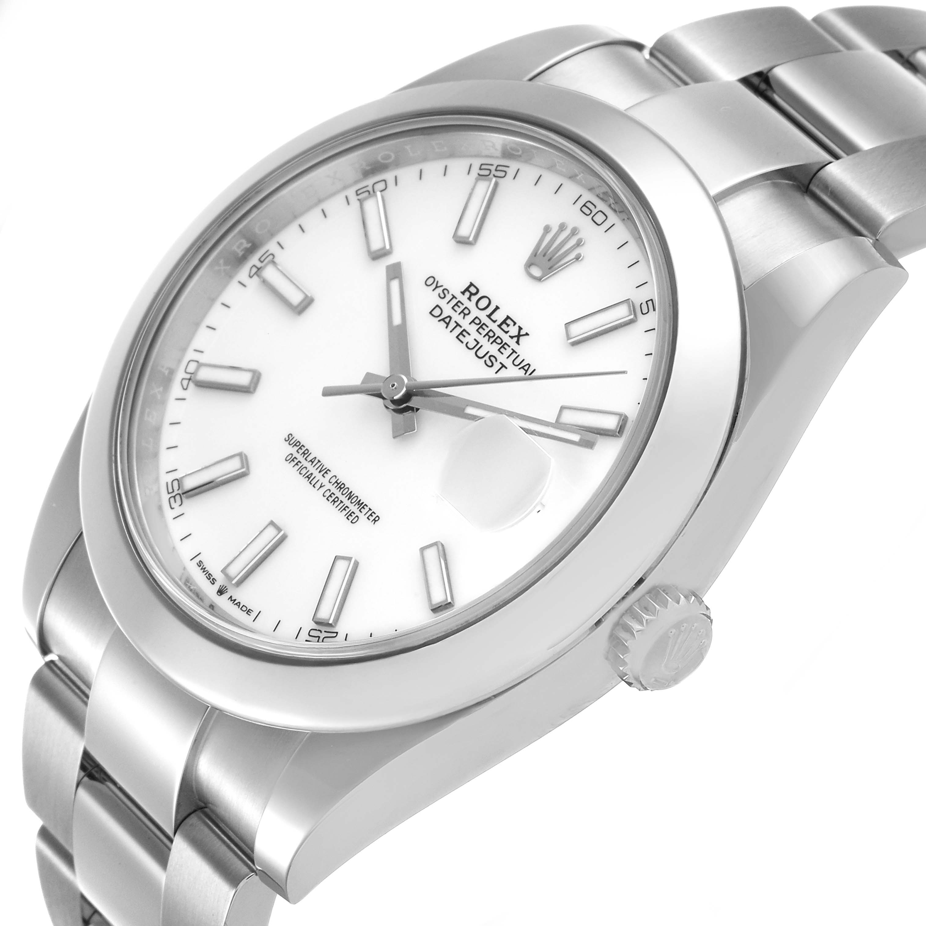 The Rolex Datejust 41 126300 Men's Stainless Steel White Dial watch is shown at an angled view, highlighting the dial, bezel, bracelet, and crown.