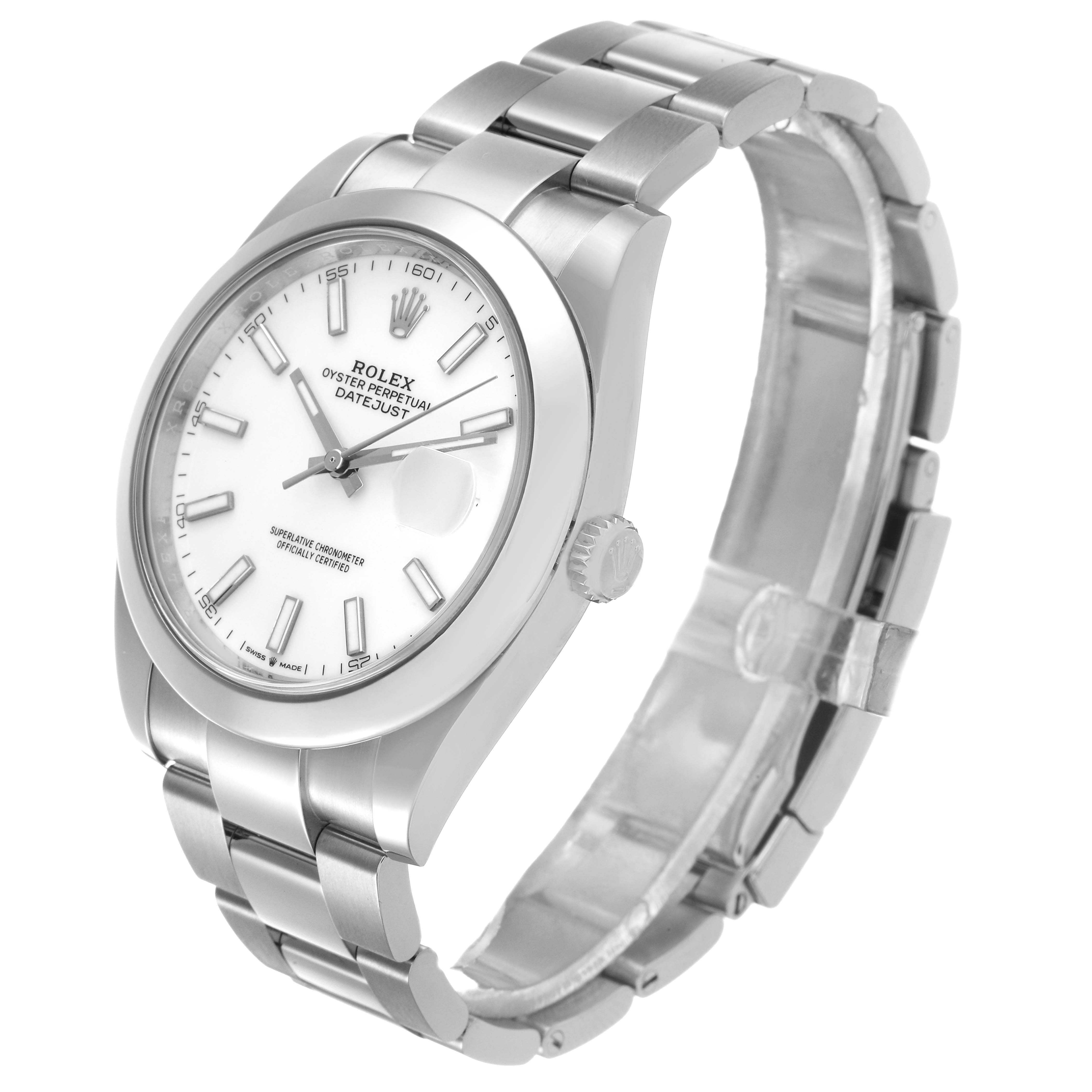 The Rolex Datejust 41 126300 Men's Stainless Steel White Dial watch is shown at a three-quarter angle, highlighting the face, bezel, crown, and bracelet.