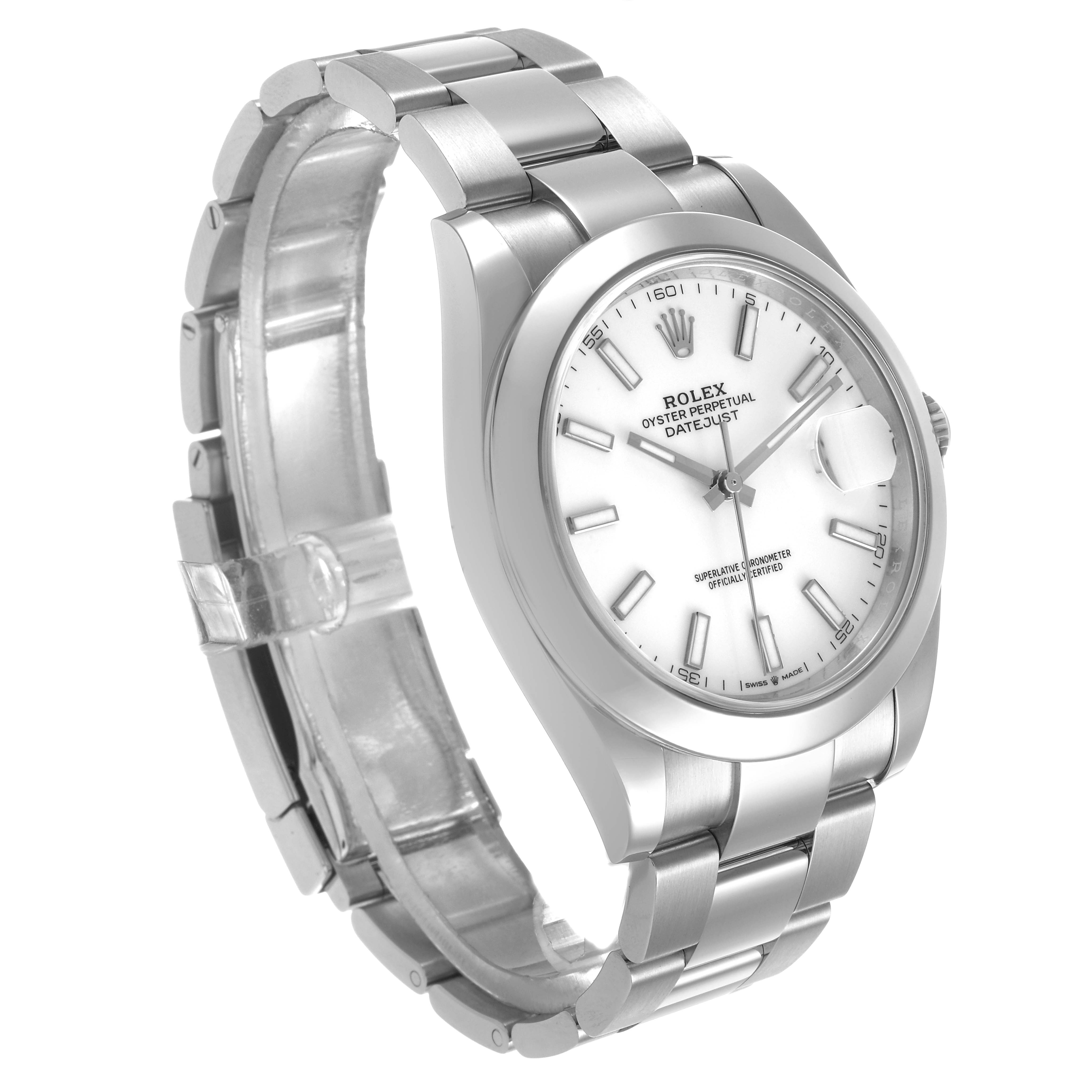 The Rolex Datejust 41 126300 Men's Stainless Steel White Dial watch is shown at a slightly angled overhead view, displaying the dial, bezel, and bracelet.