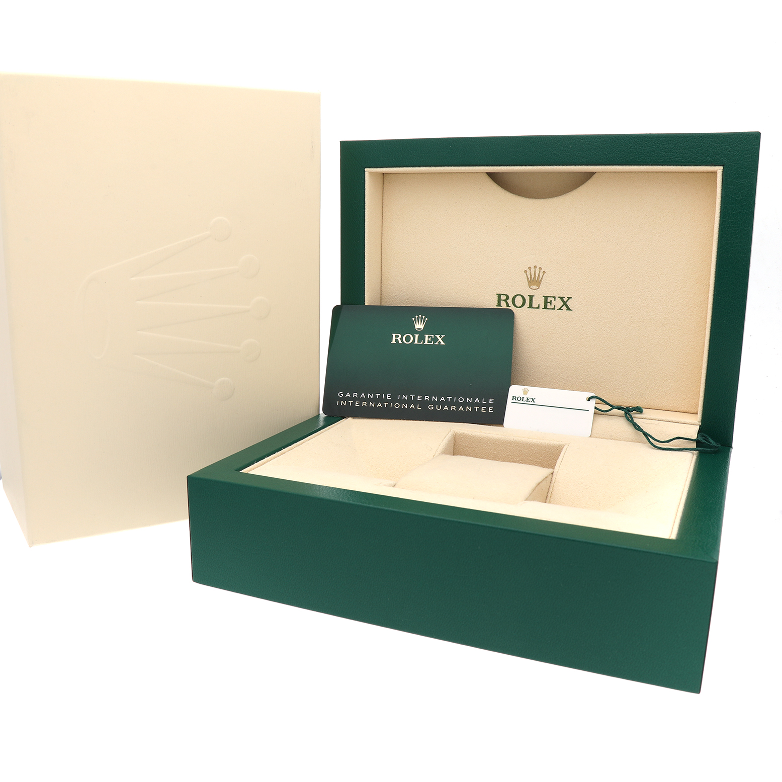 The image shows the box and accessories of a Rolex Datejust 41 126300 Men's Stainless Steel White Dial, including the warranty card and interior packaging.