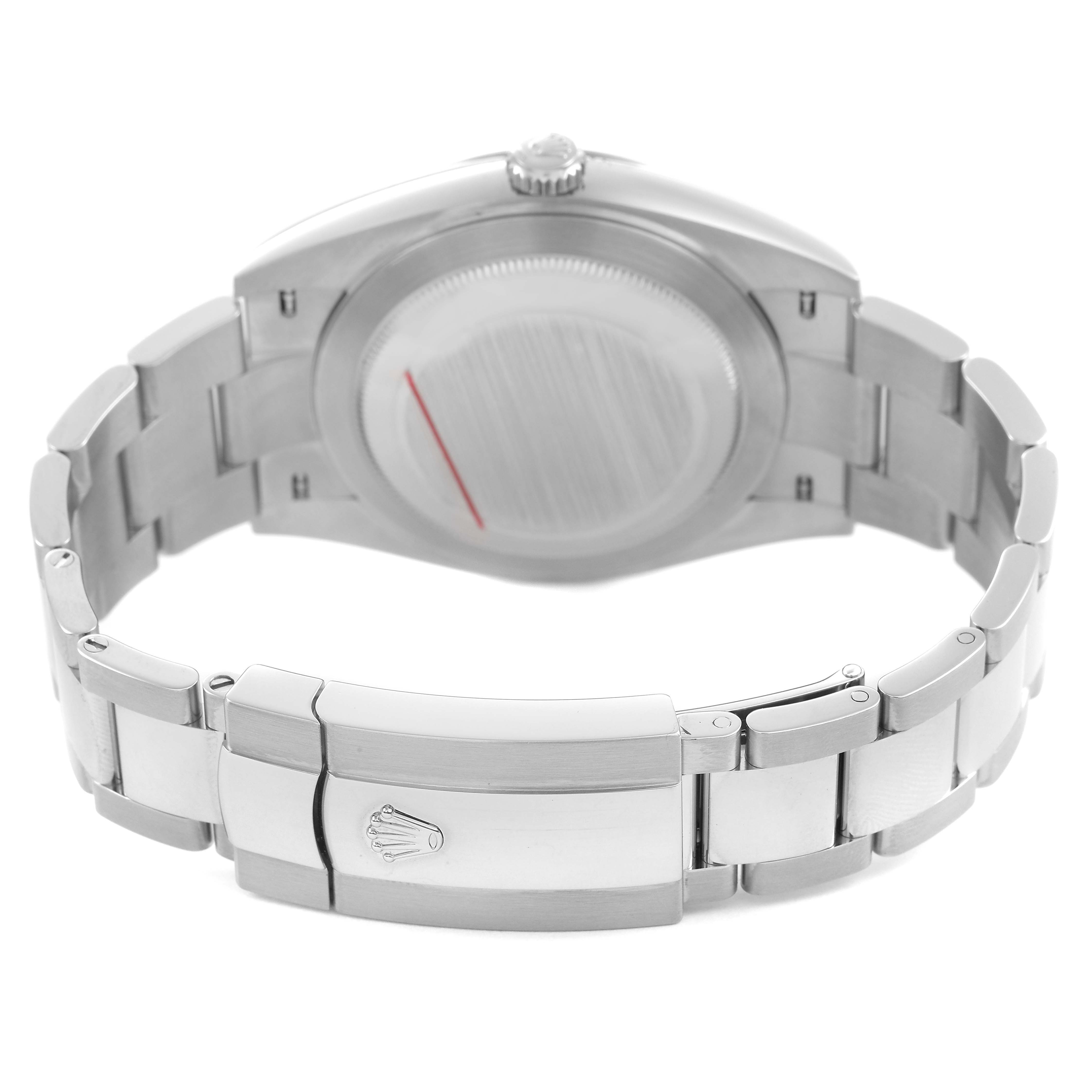 The image shows the back view of the Rolex Datejust 41 126300 Men's Stainless Steel White Dial, highlighting the case back and bracelet clasp.