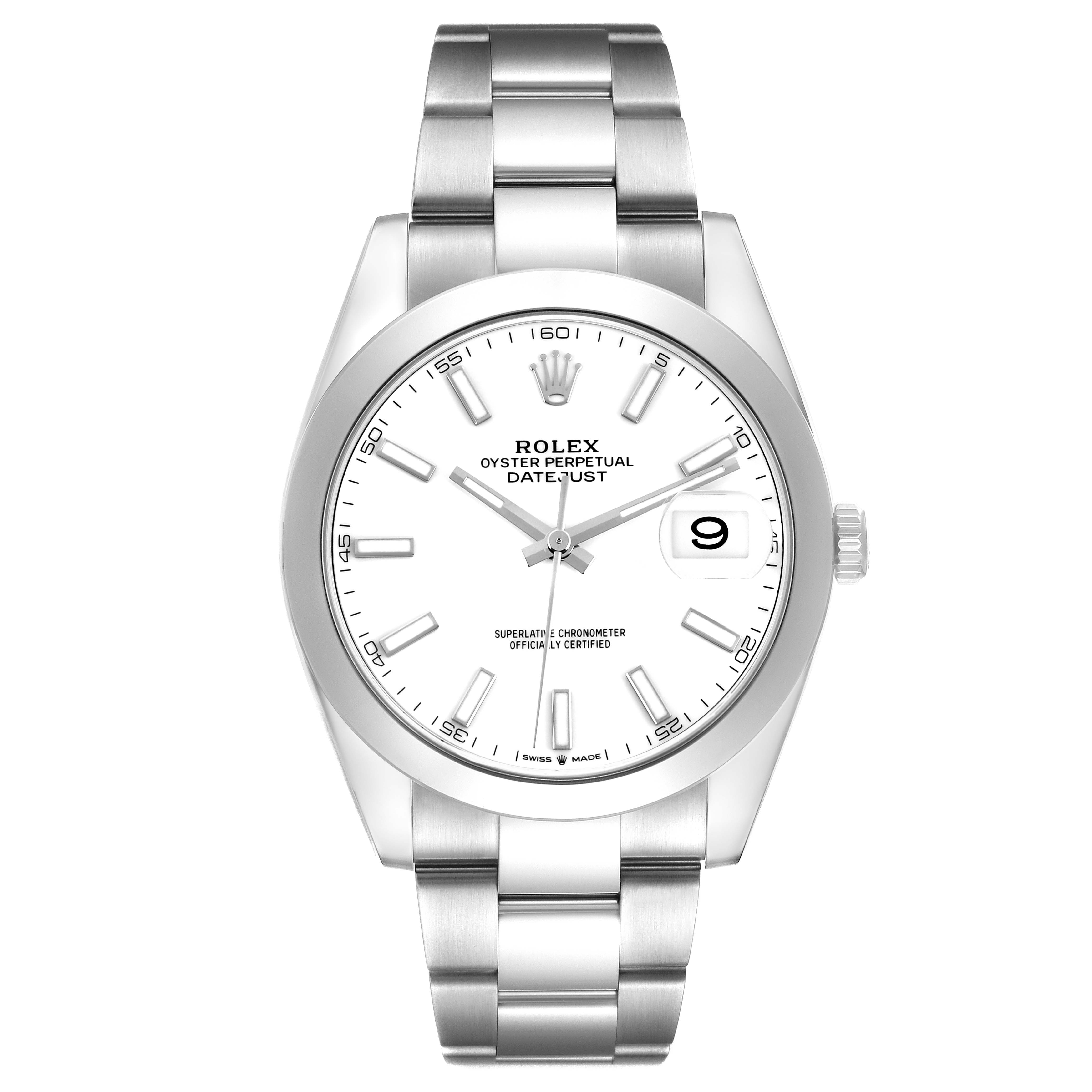 The Rolex Datejust 41 126300 Men's Stainless Steel White Dial is shown from a front angle, displaying the watch face, bezel, bracelet, and crown.