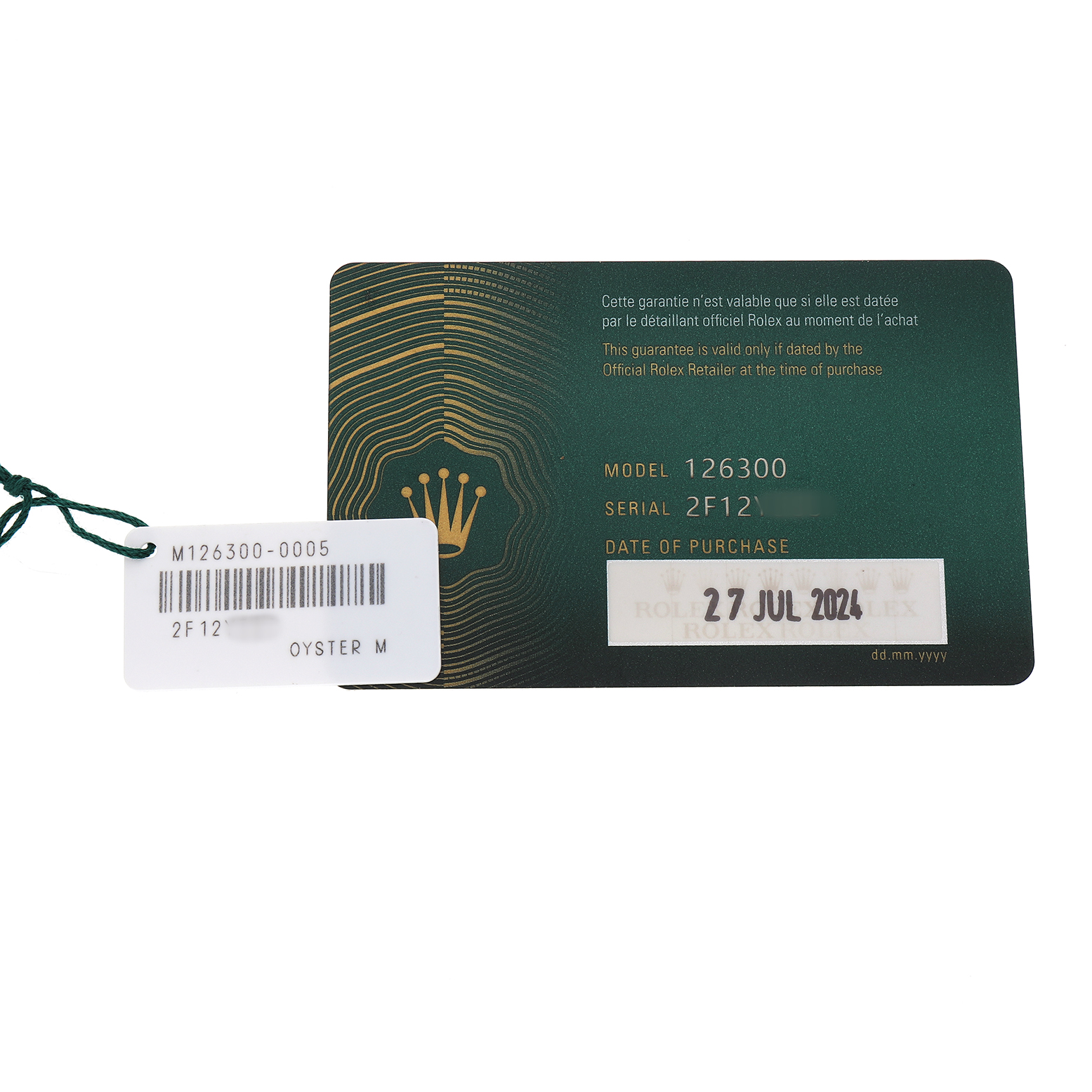 The image shows a warranty card for the Rolex Datejust 41 126300 Men's Stainless Steel White Dial model, along with a tag displaying model details.